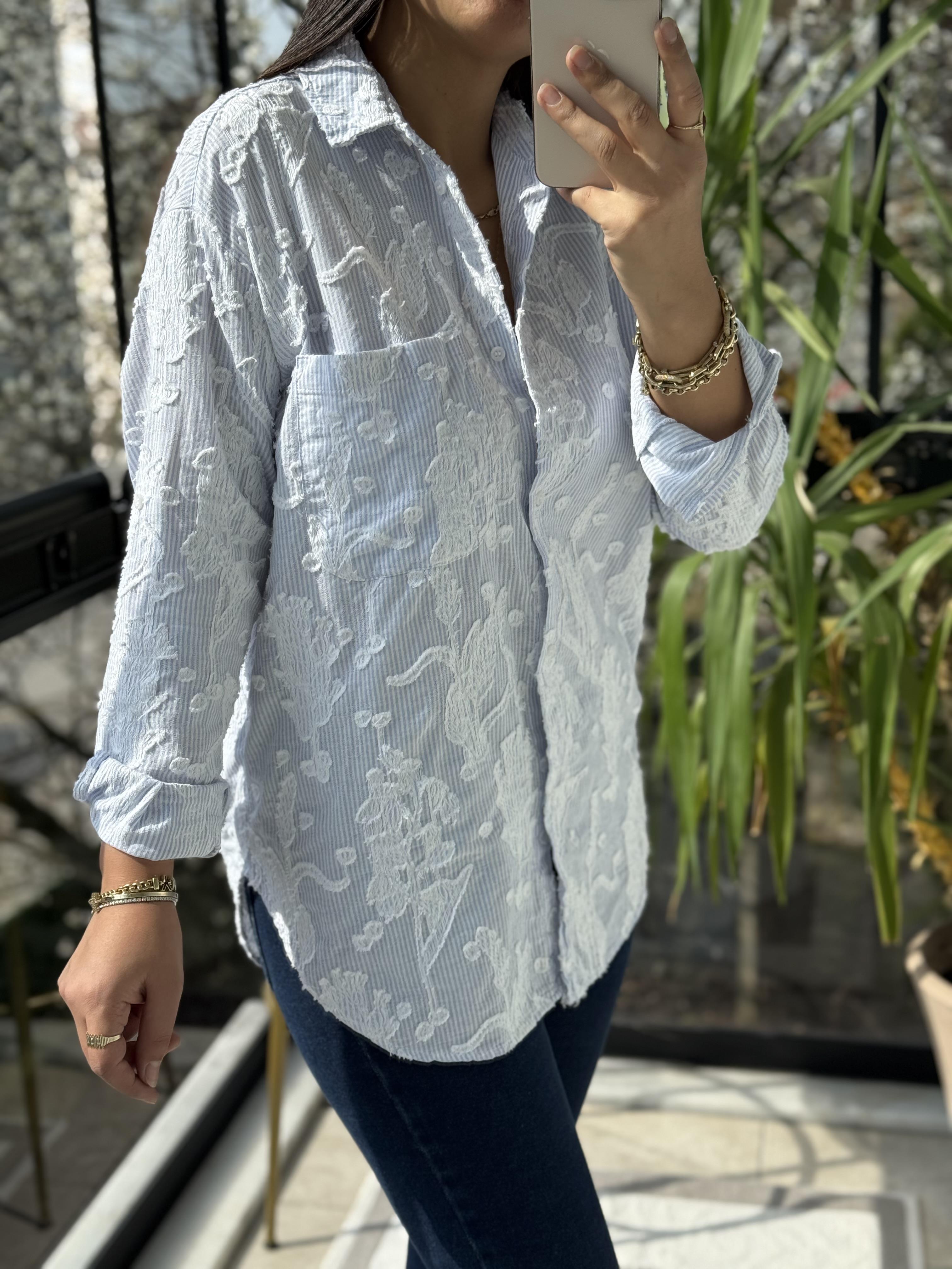 Kabartmalı Çizgili Pamuklu Gömlek Mavi