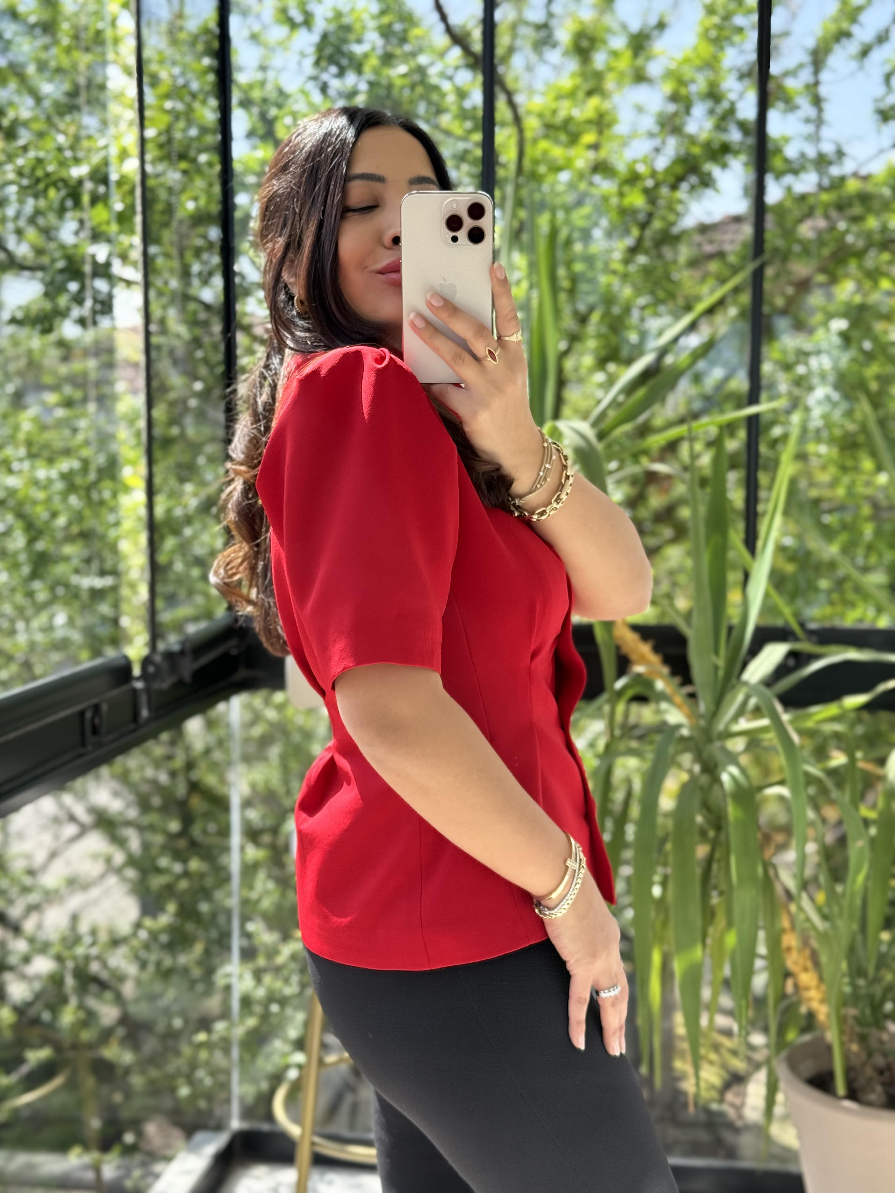 Pileli 3 Düğme Kısa Kol Ceket Kırmızı