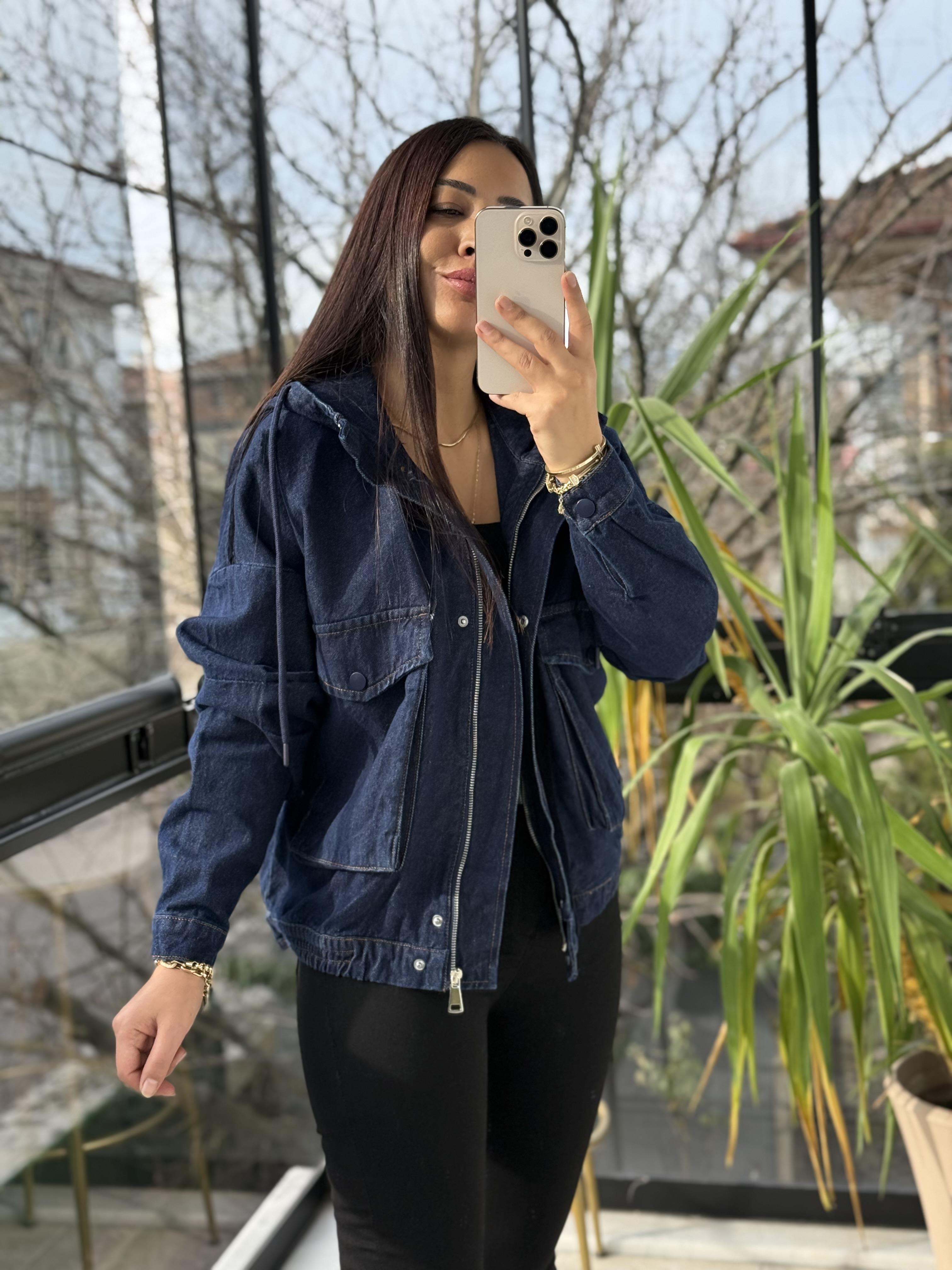 Kapüşonlu Kot Ceket Lacivert