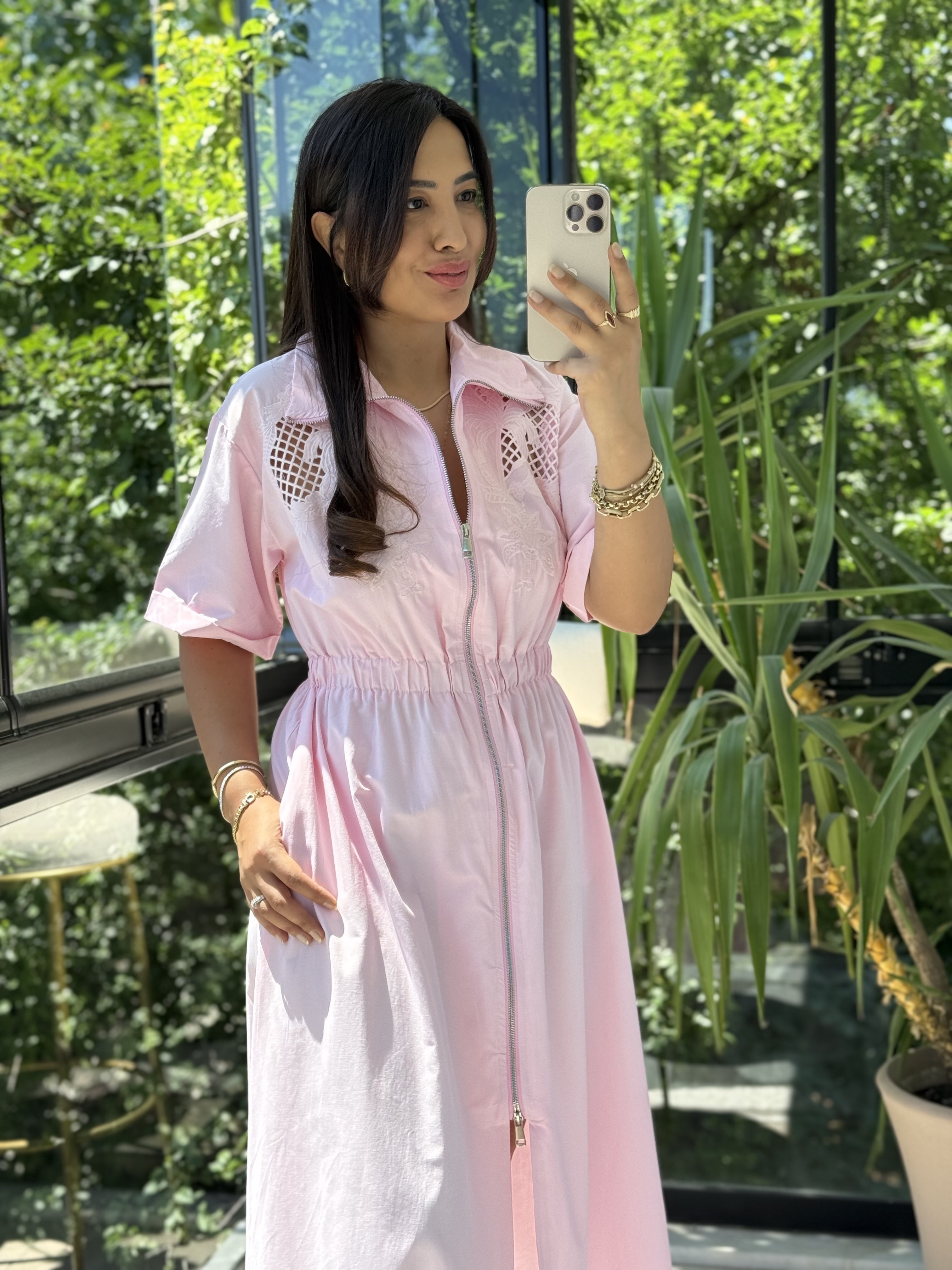 Nakışlı Fermuar Detaylı Elbise Pembe