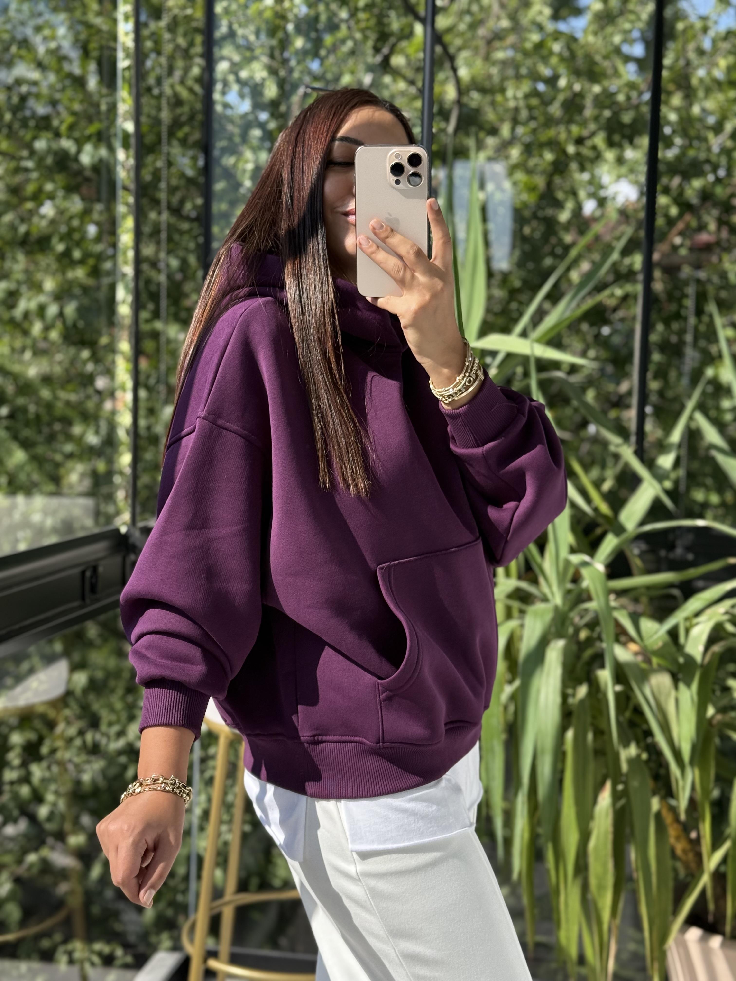 Kanguru Cep Kapşonlu Sweatshirt Mürdüm