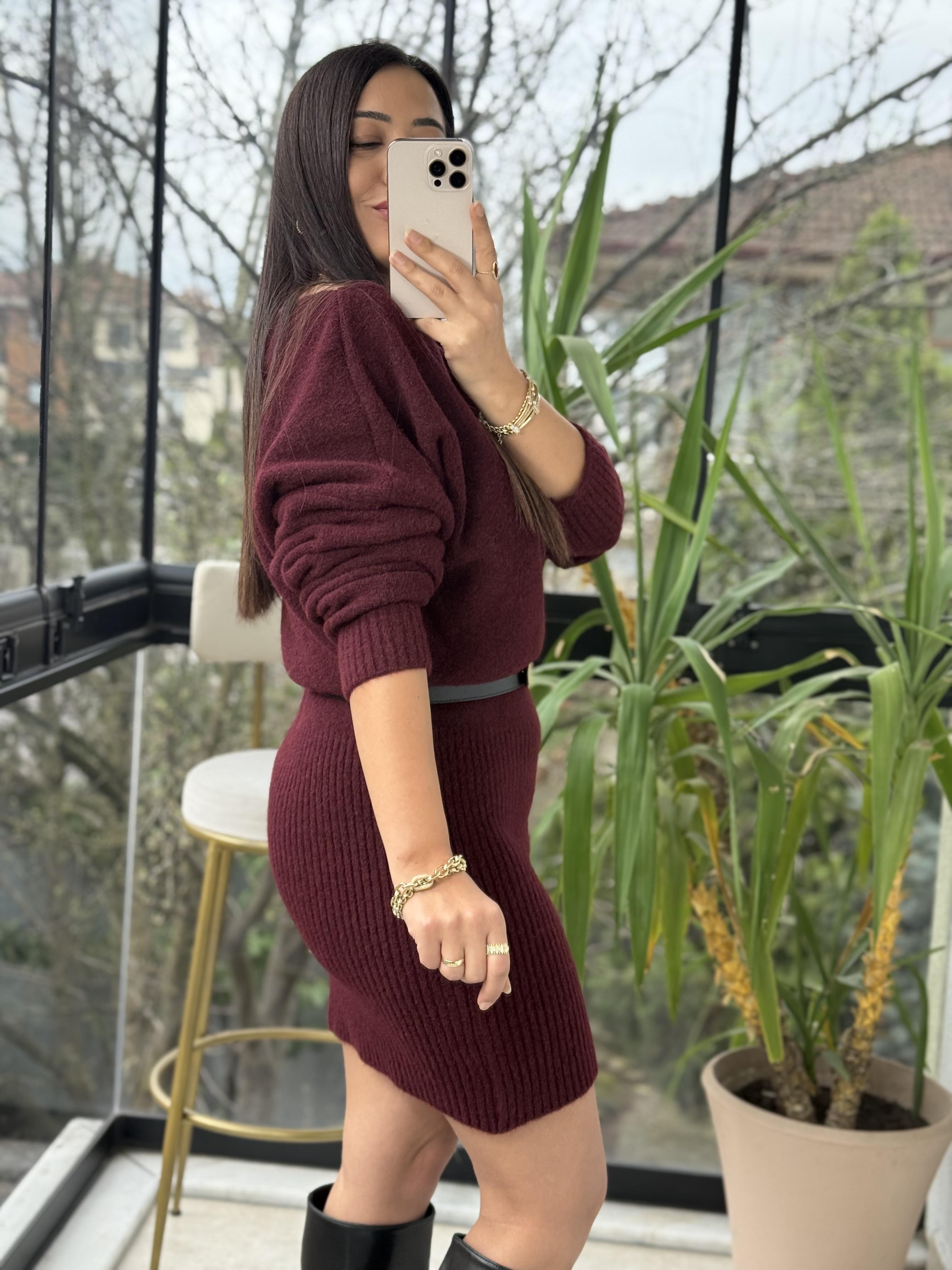 Kısa Kazak Elbise Bordo