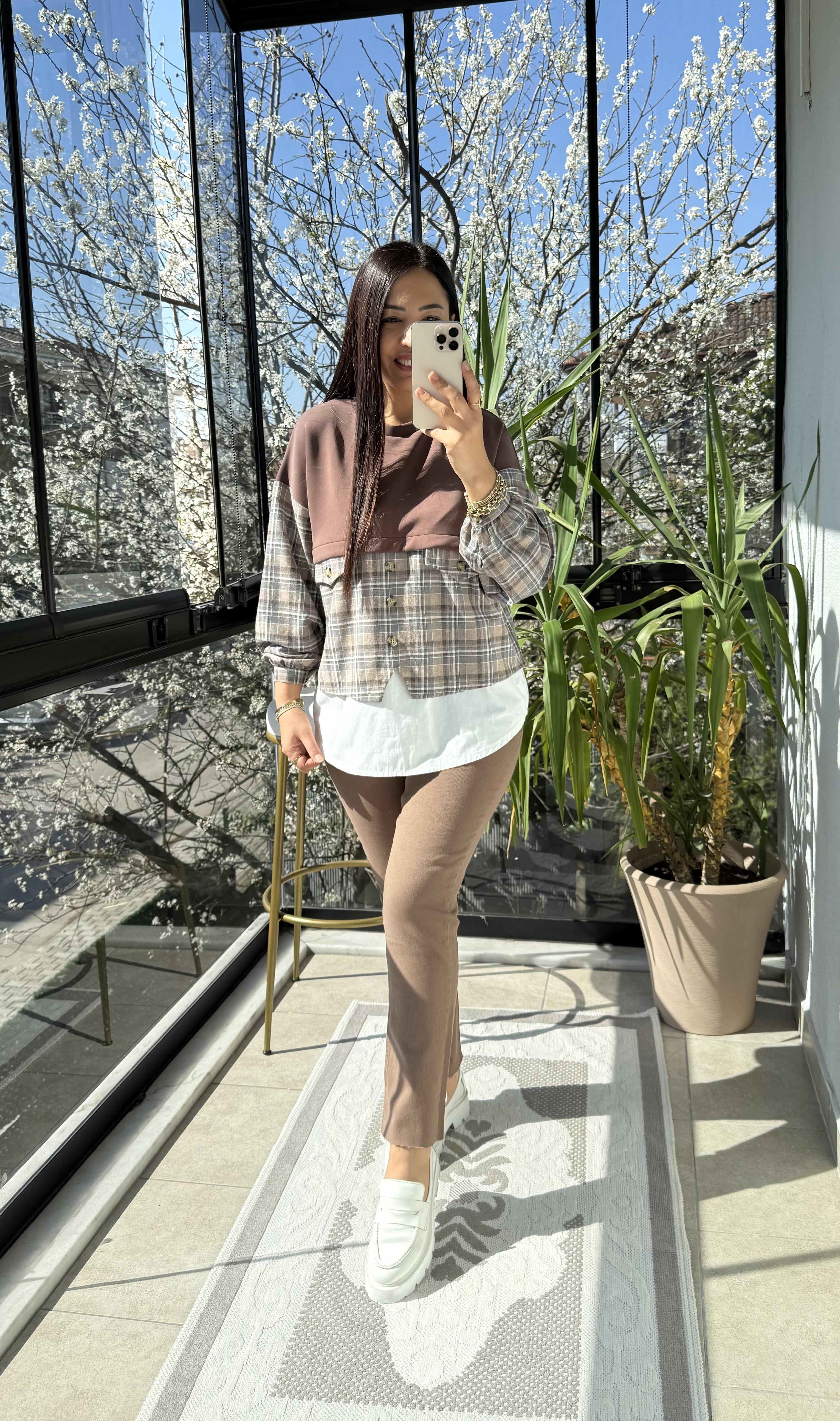 Mix kumaş Sweat Gömlek Kahve