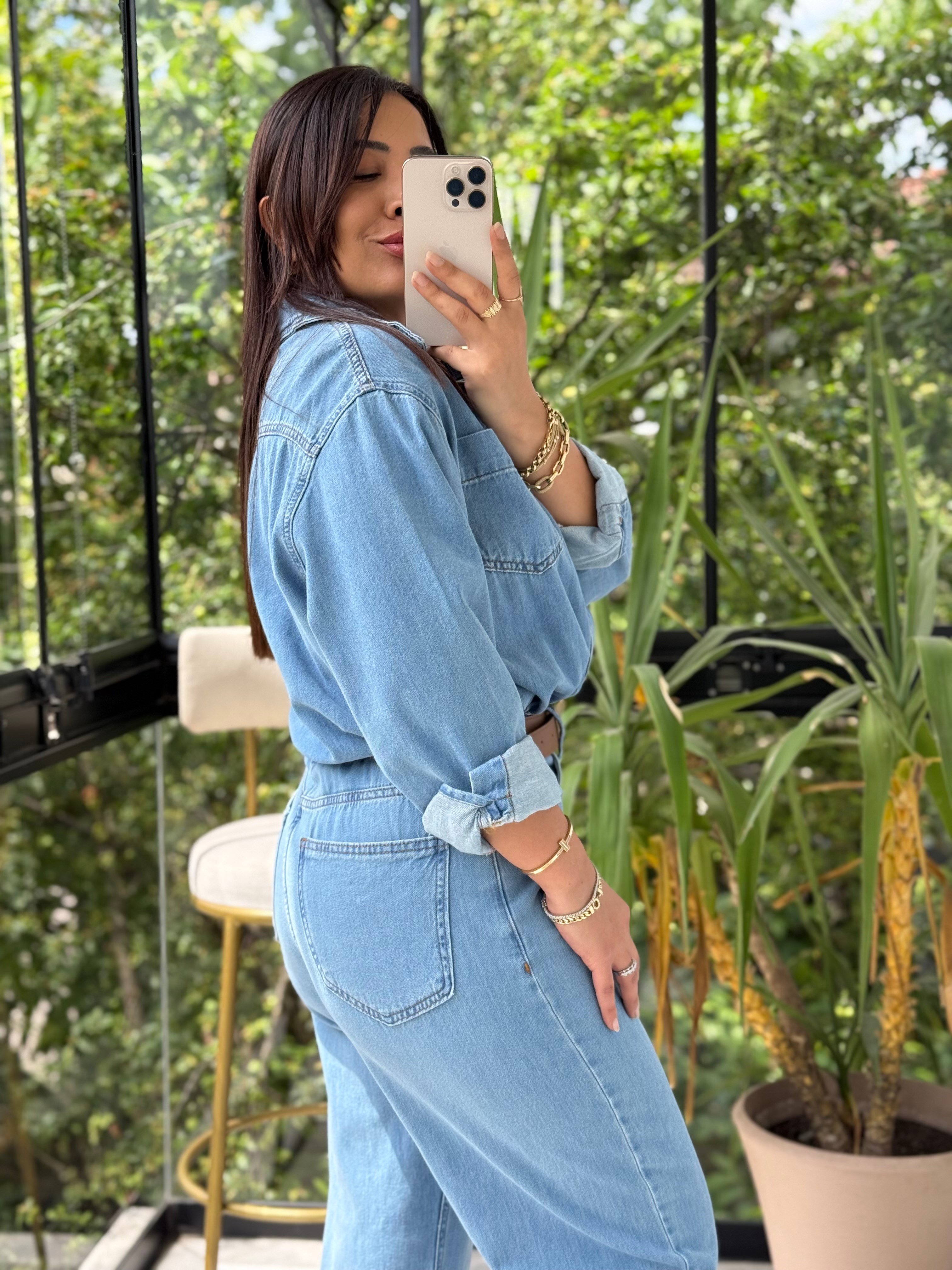 Beli Büzgülü İnce Tulum Mavi