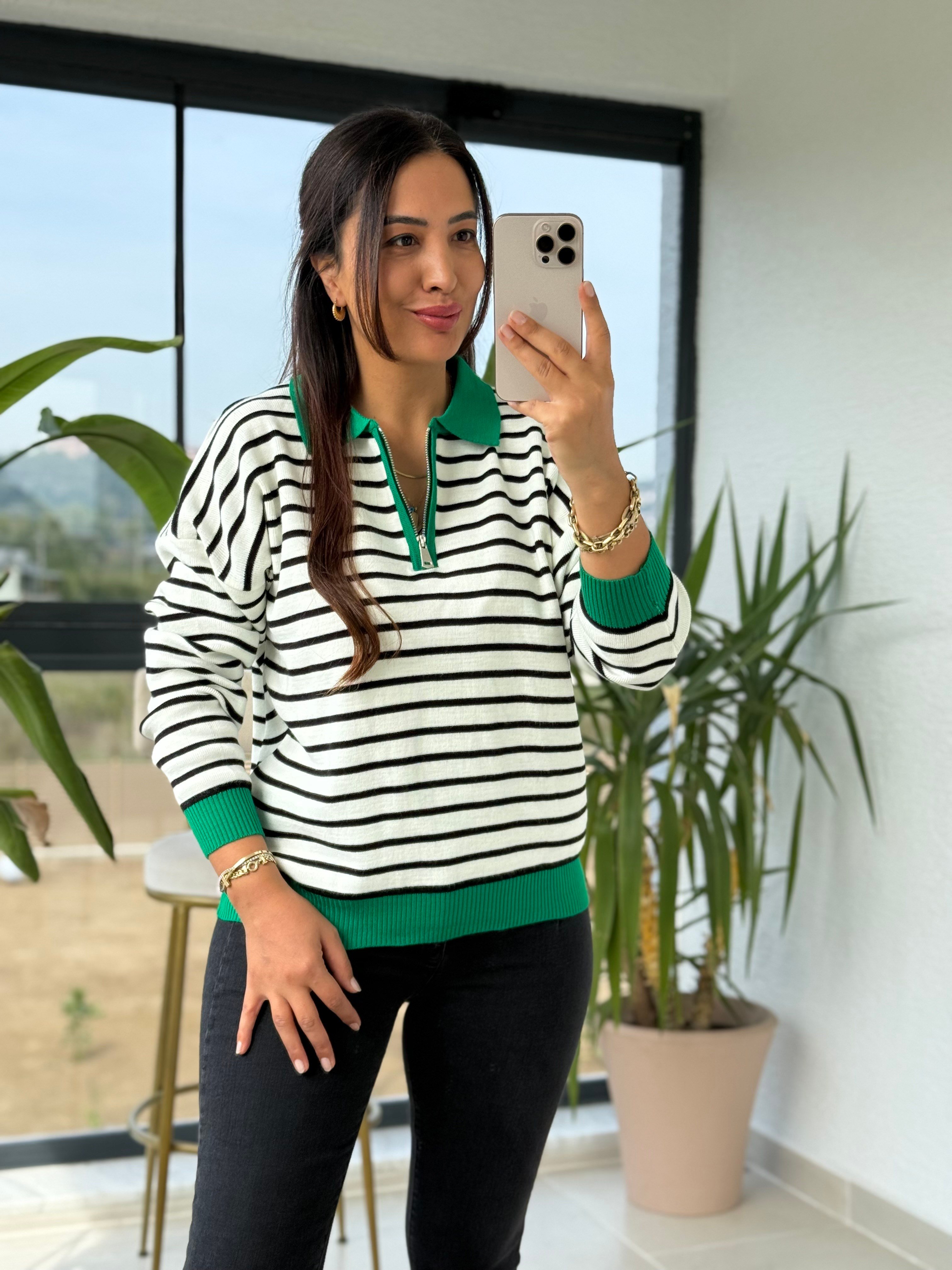Polo Yaka Çizgili Renk Detaylı Sweatshirt Yeşil