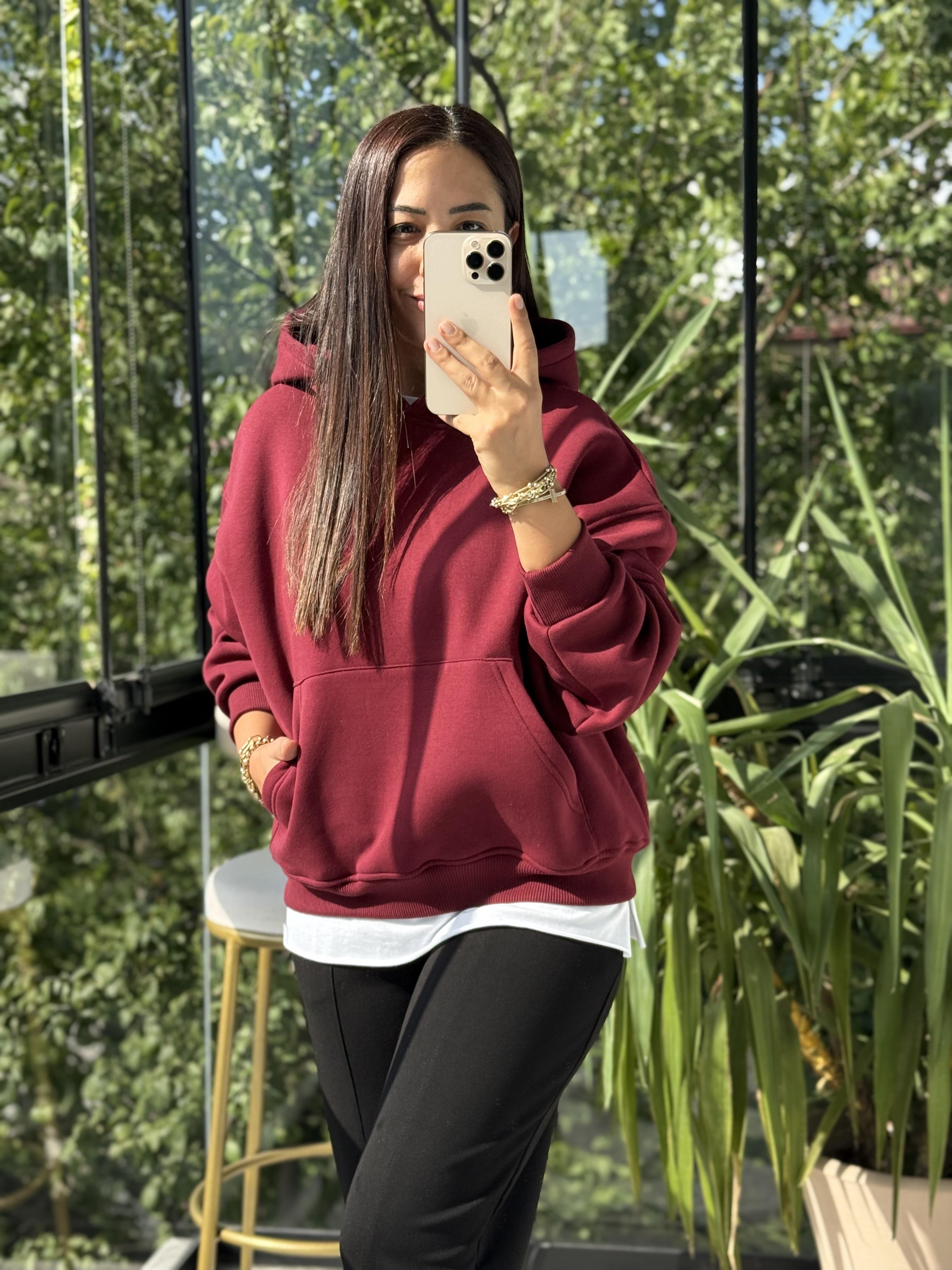 Kanguru Cep Kapşonlu Sweatshirt Bordo