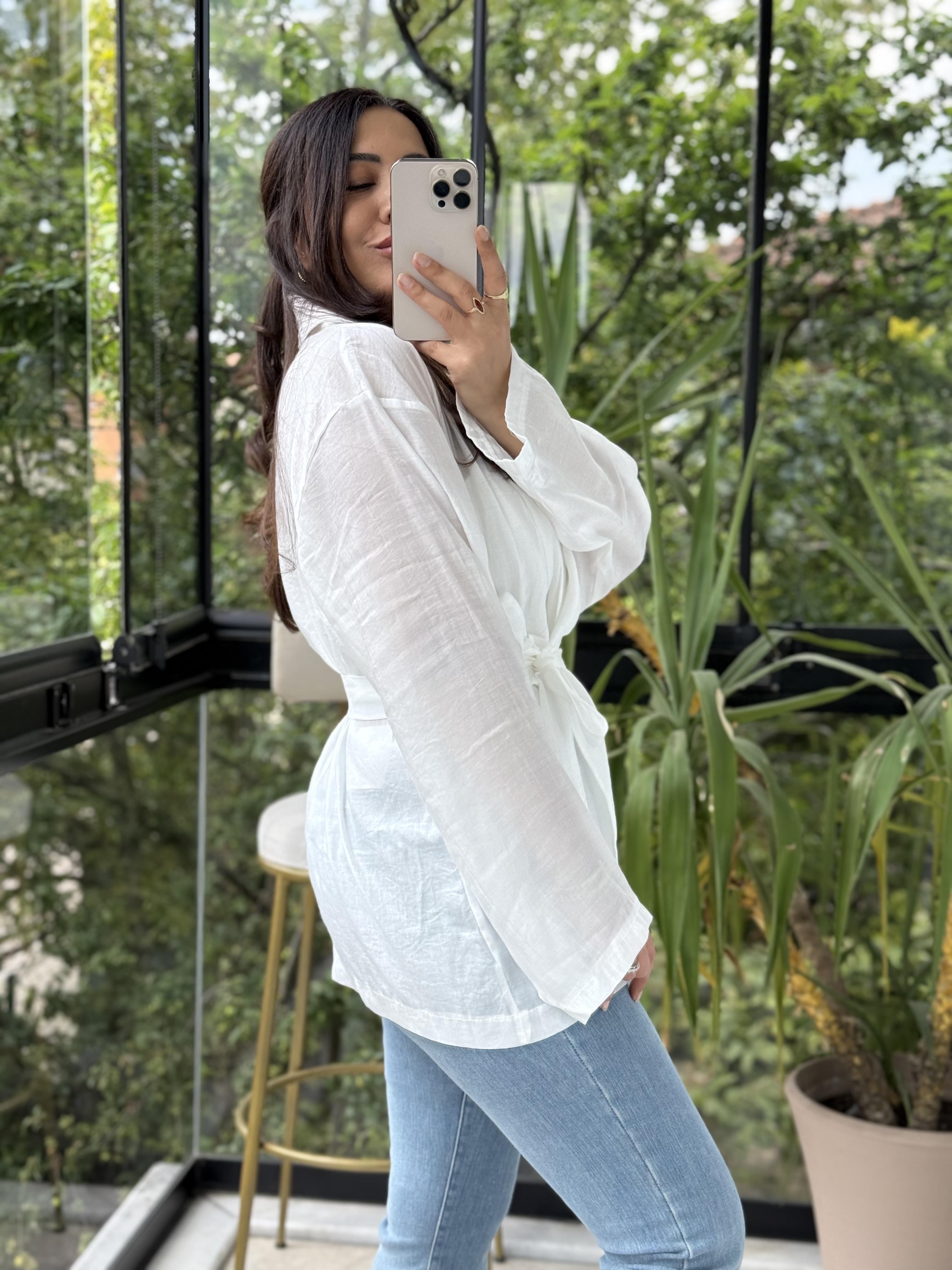 Kruvaze Yaka Bağlamalı Kimono Ekru