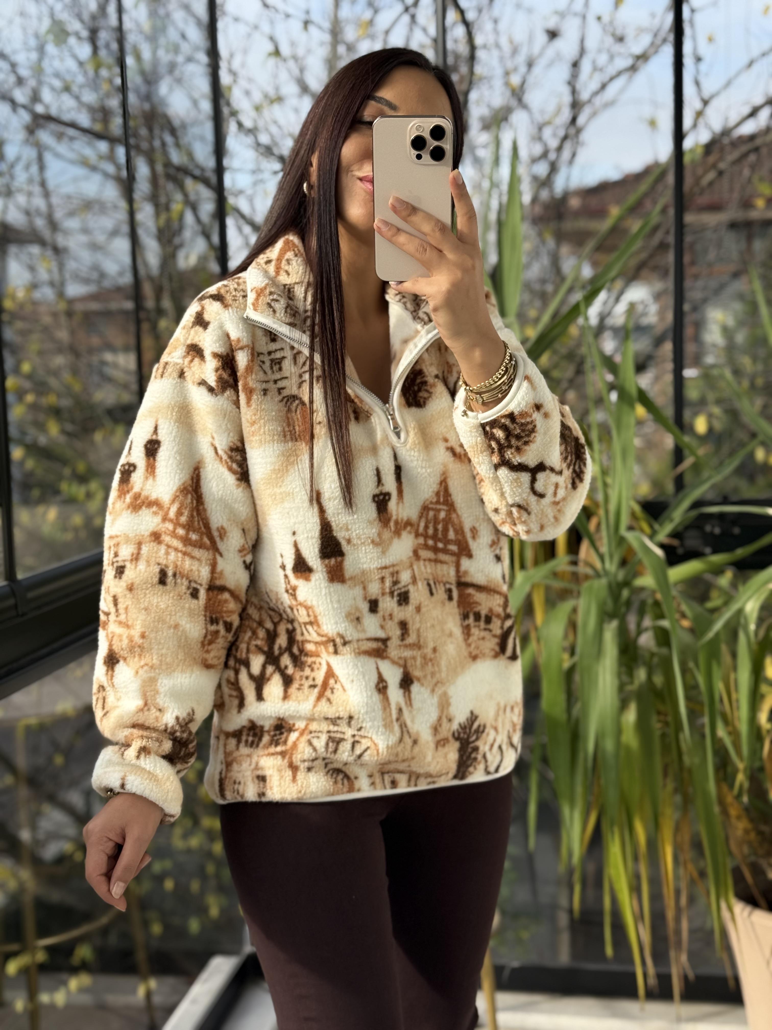 Desenli Yarım Fermuarlı Polar Sweat Kahve