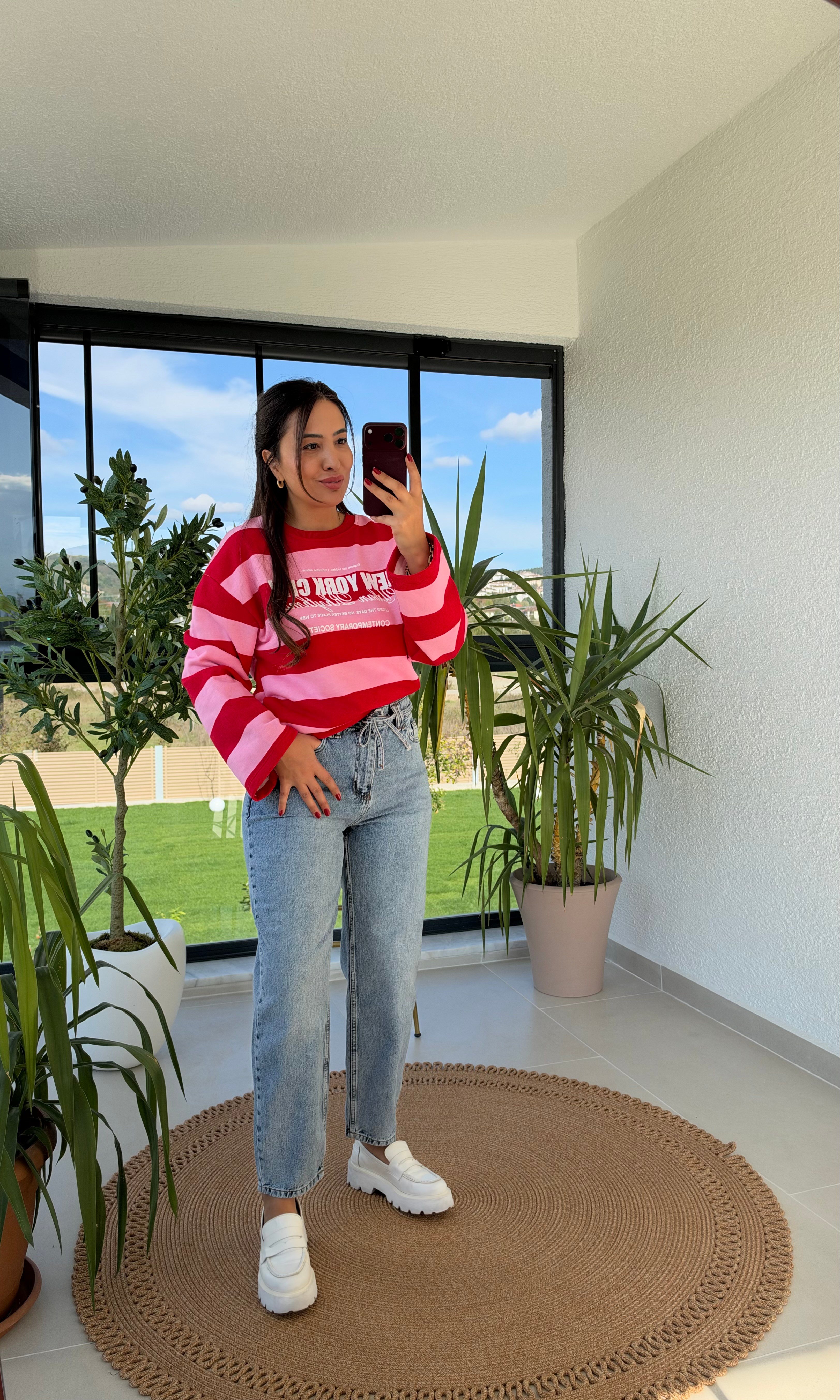 Kalın Çizgili New York Ctiy Sweatshirt Kırmızı