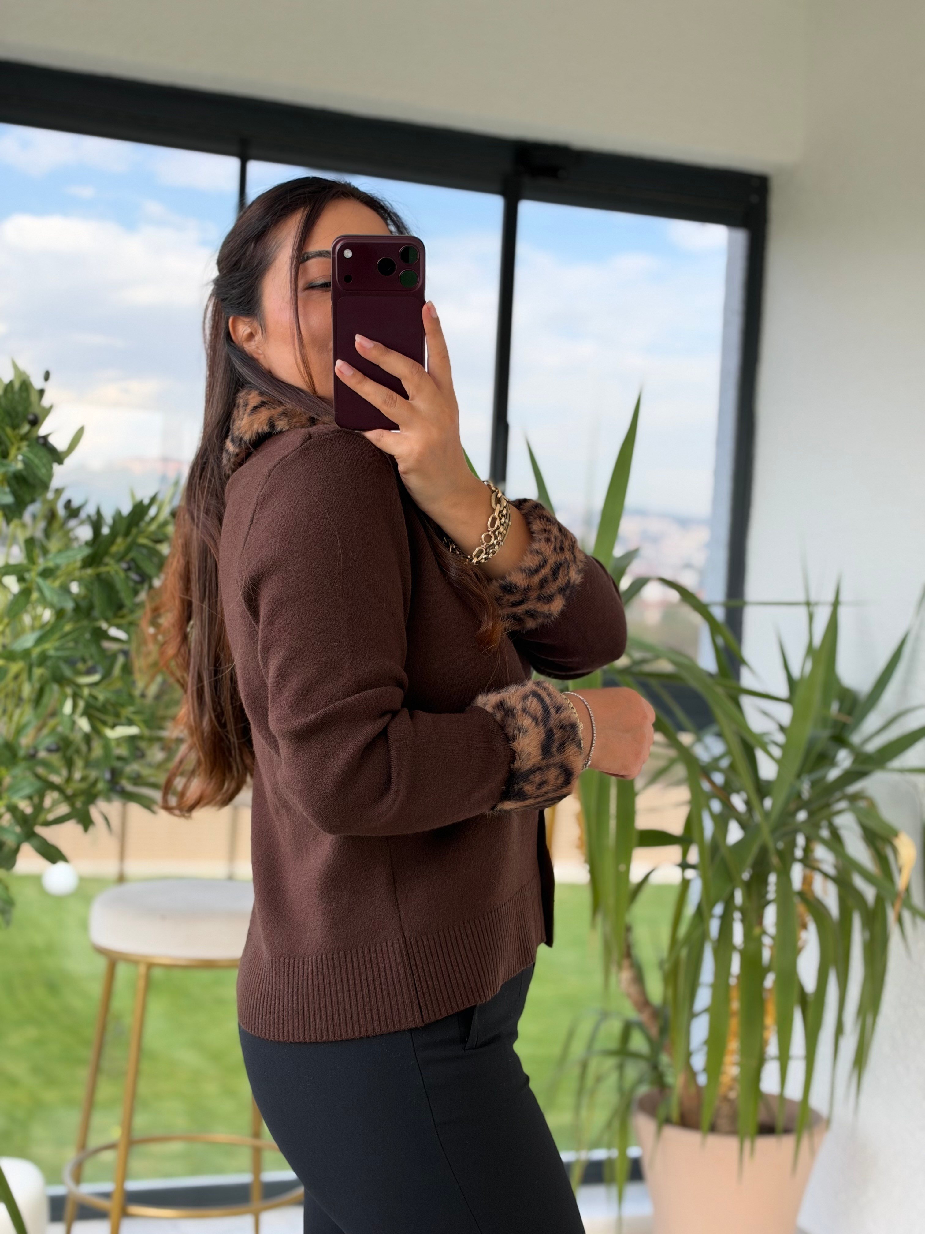 Leopar Kürklü Yakalı Lüx Seri Hırka Kahve