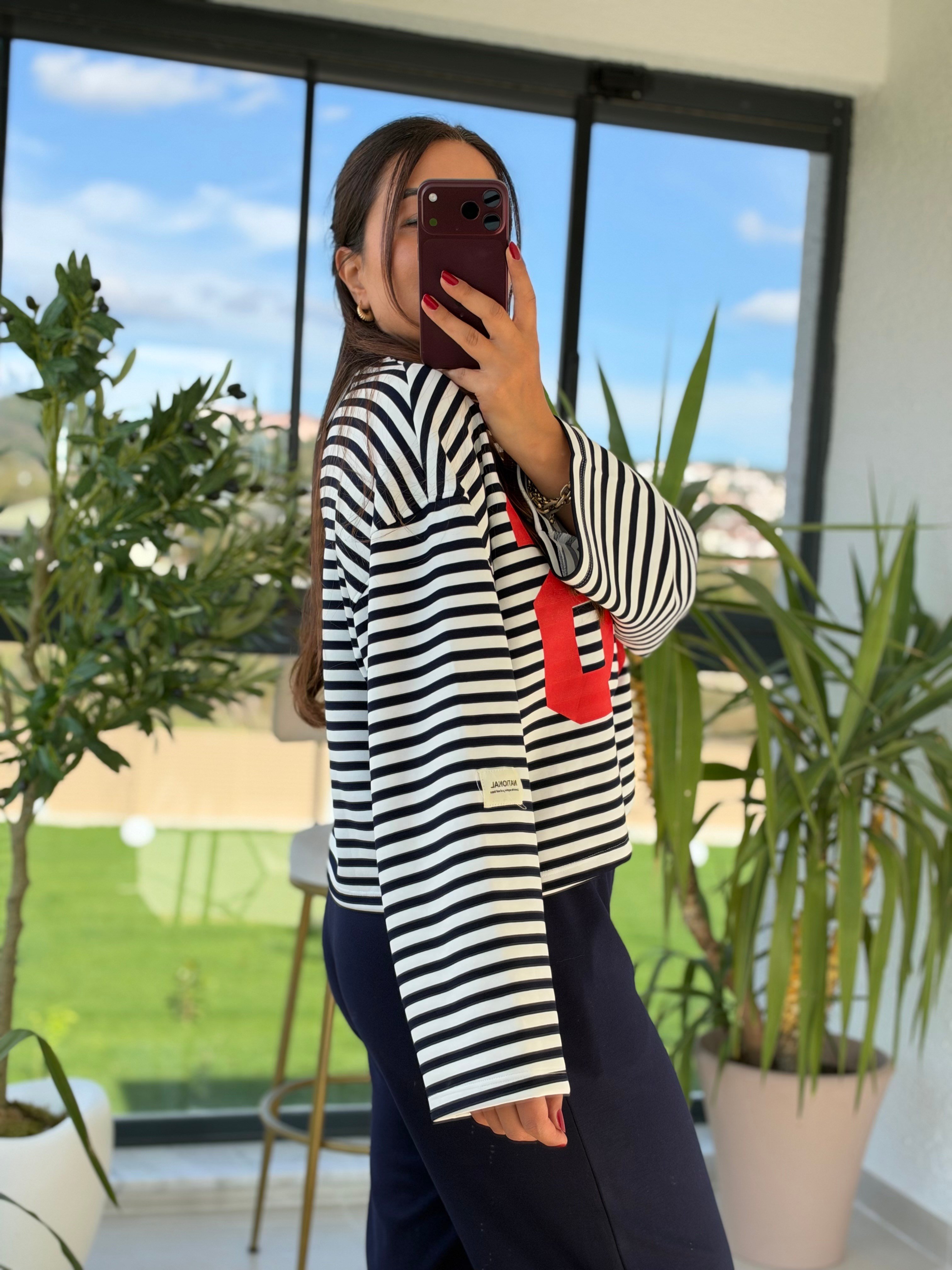 36 Baskılı Çizgili Basic Sweatshirt Lacivert
