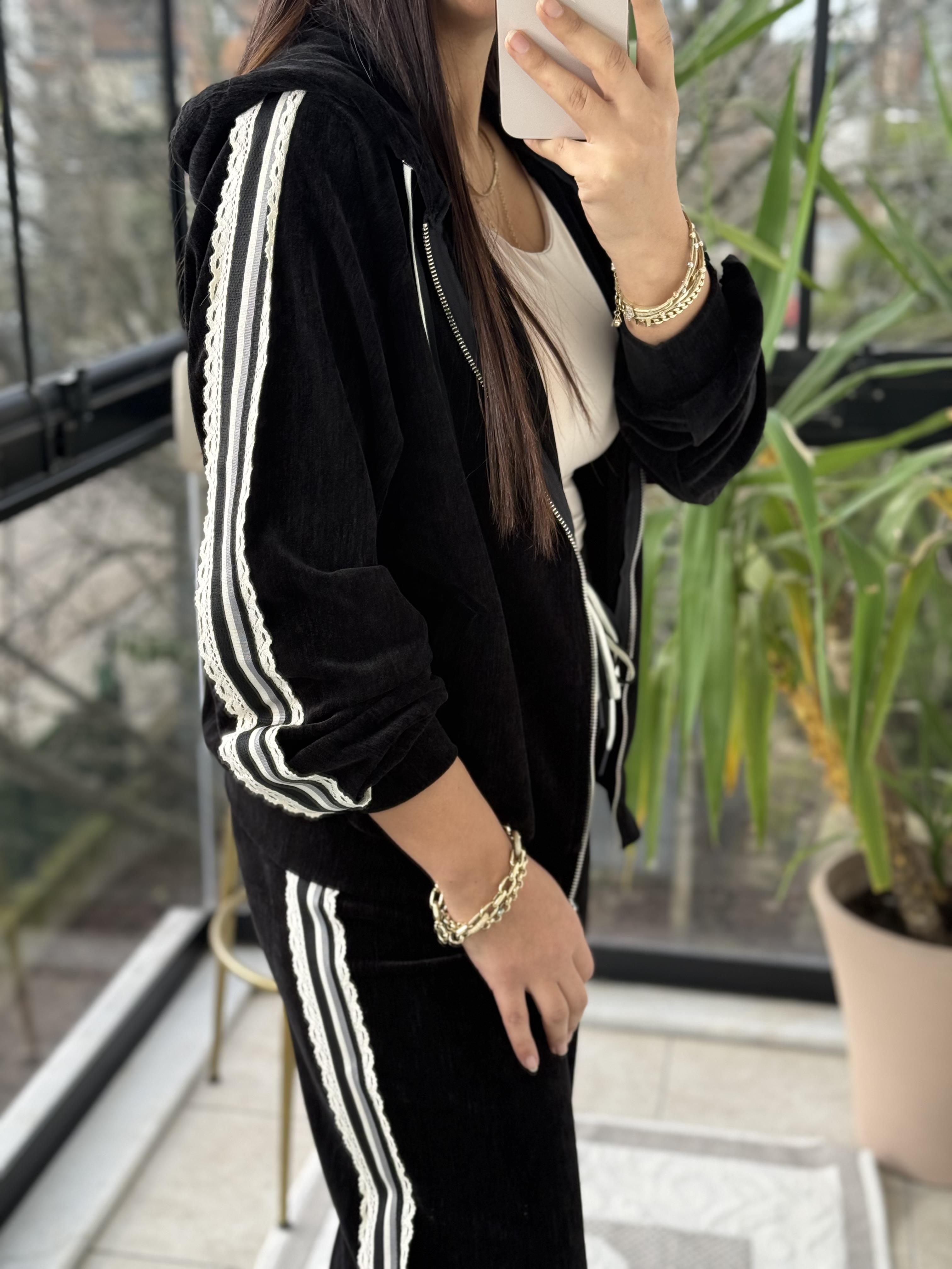 Dokuma Şeritli Şönil Takım Siyah