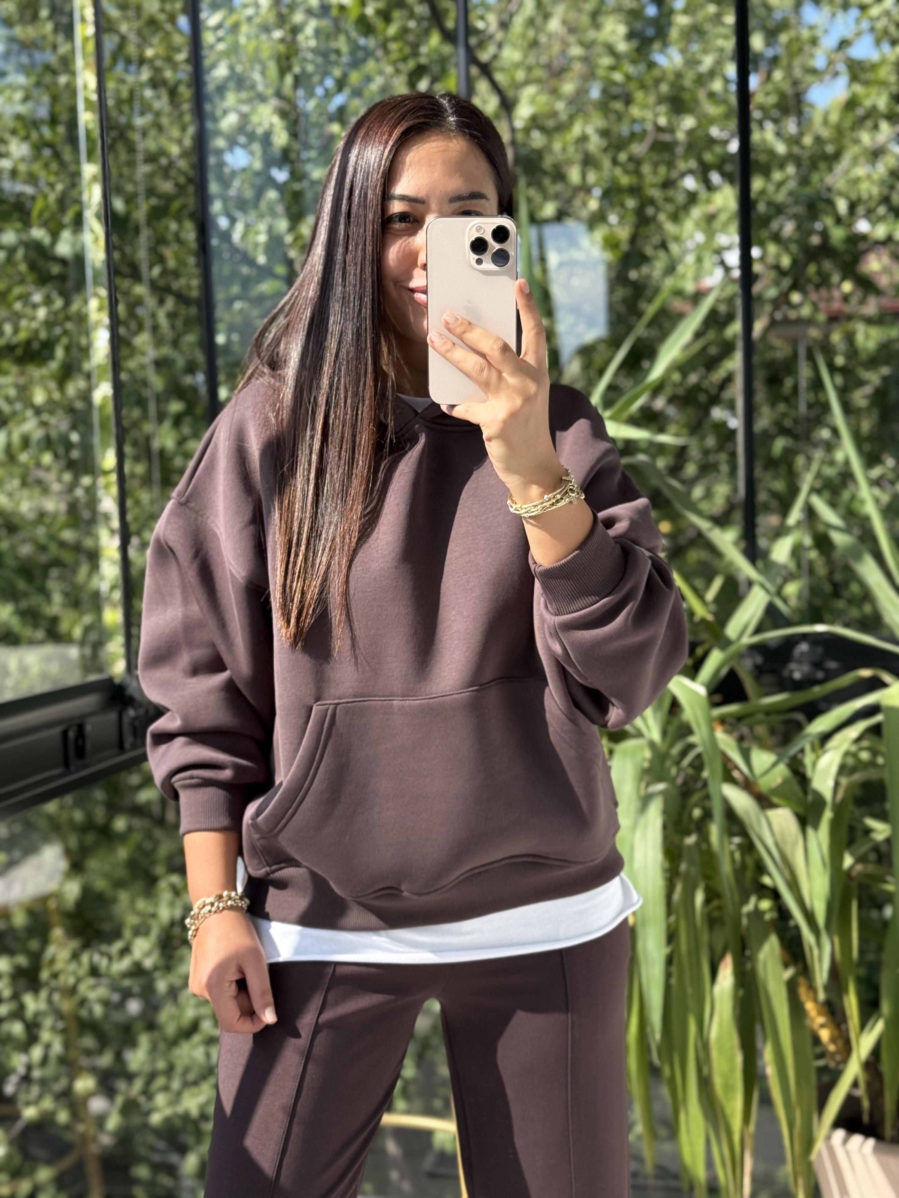 Kanguru Cep Kapşonlu Sweatshirt Kahve