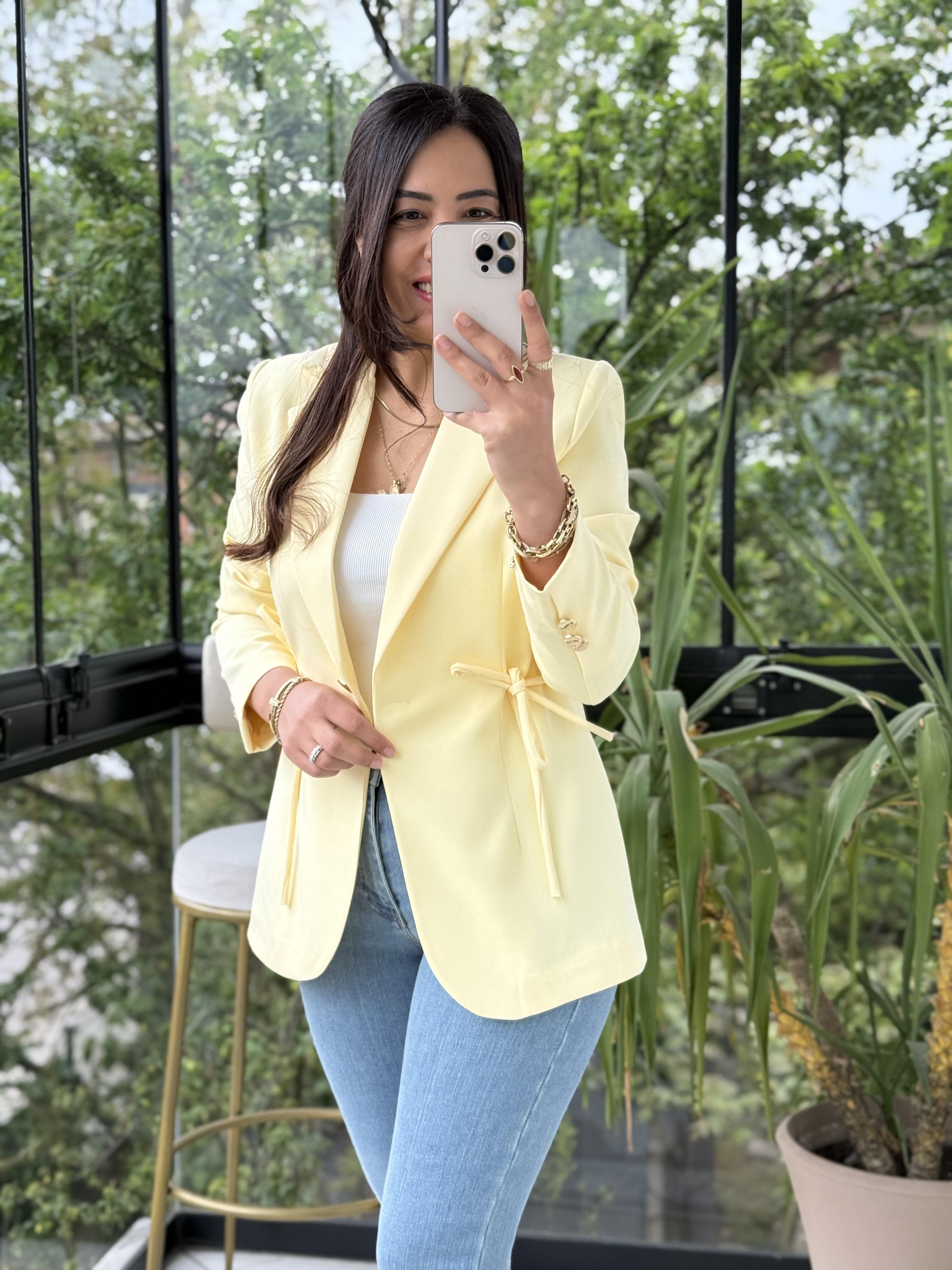 Yanı Bağcıklı Slim Blazer Ceket Sarı