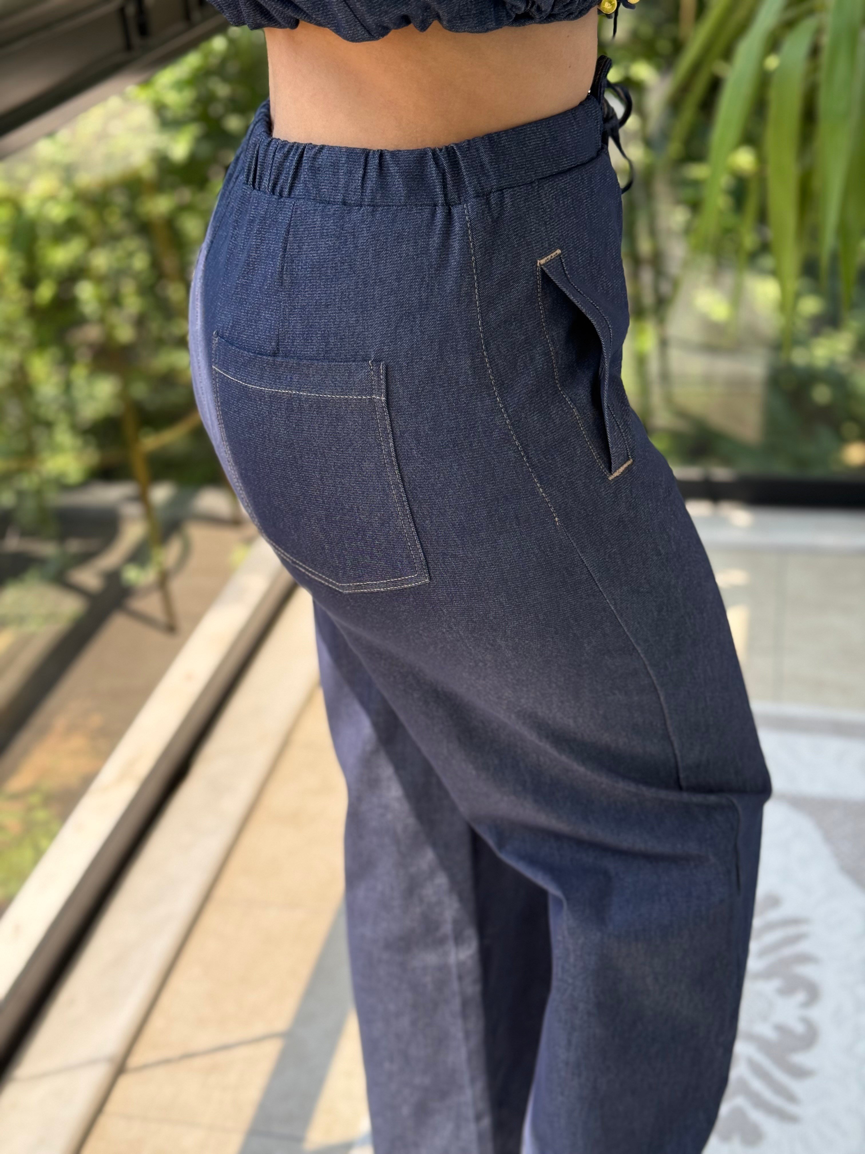 Lastikli Denim Pantolon Mavi