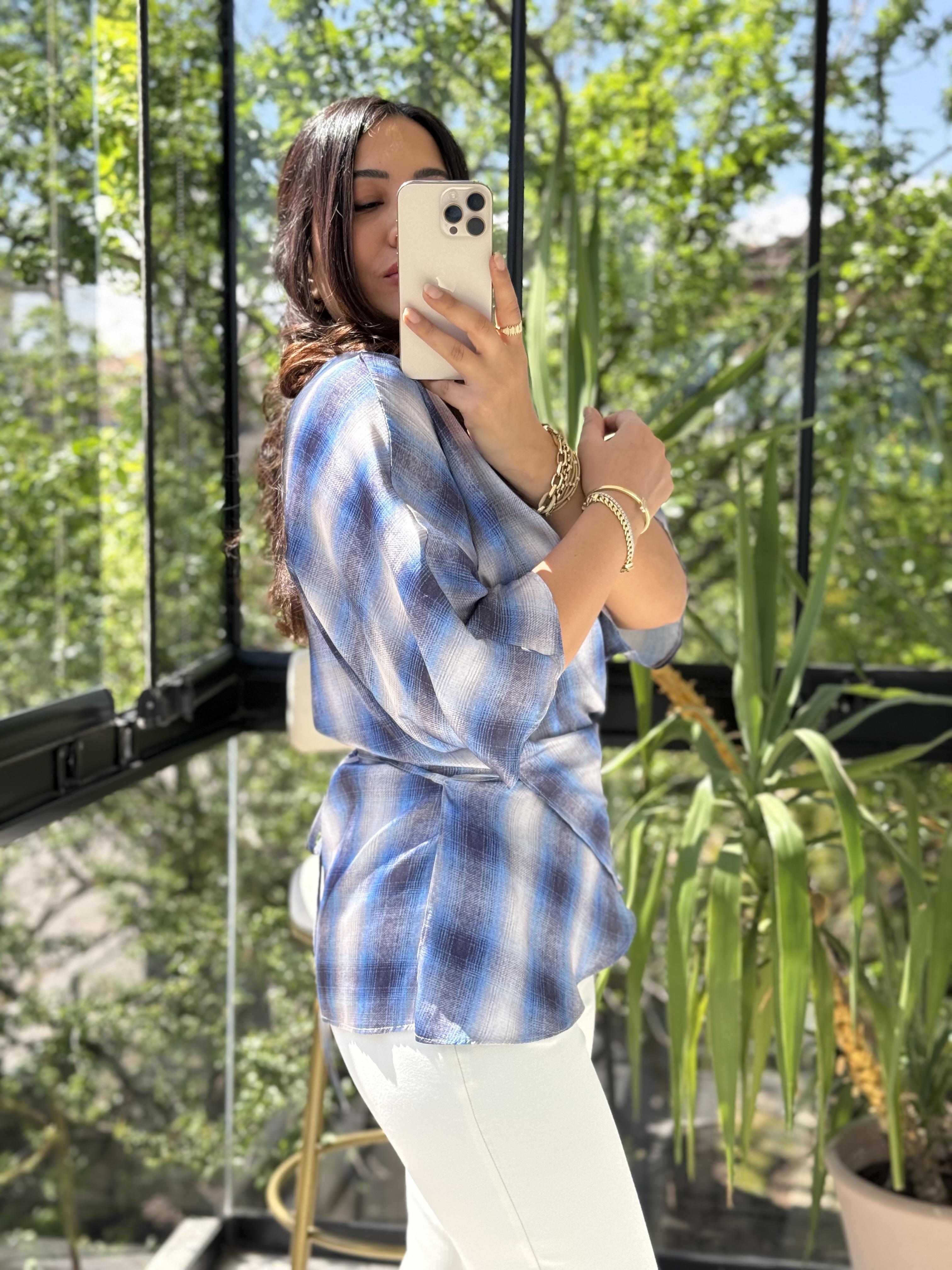 Bağcıklı Ekose Saten Bluz Mavi