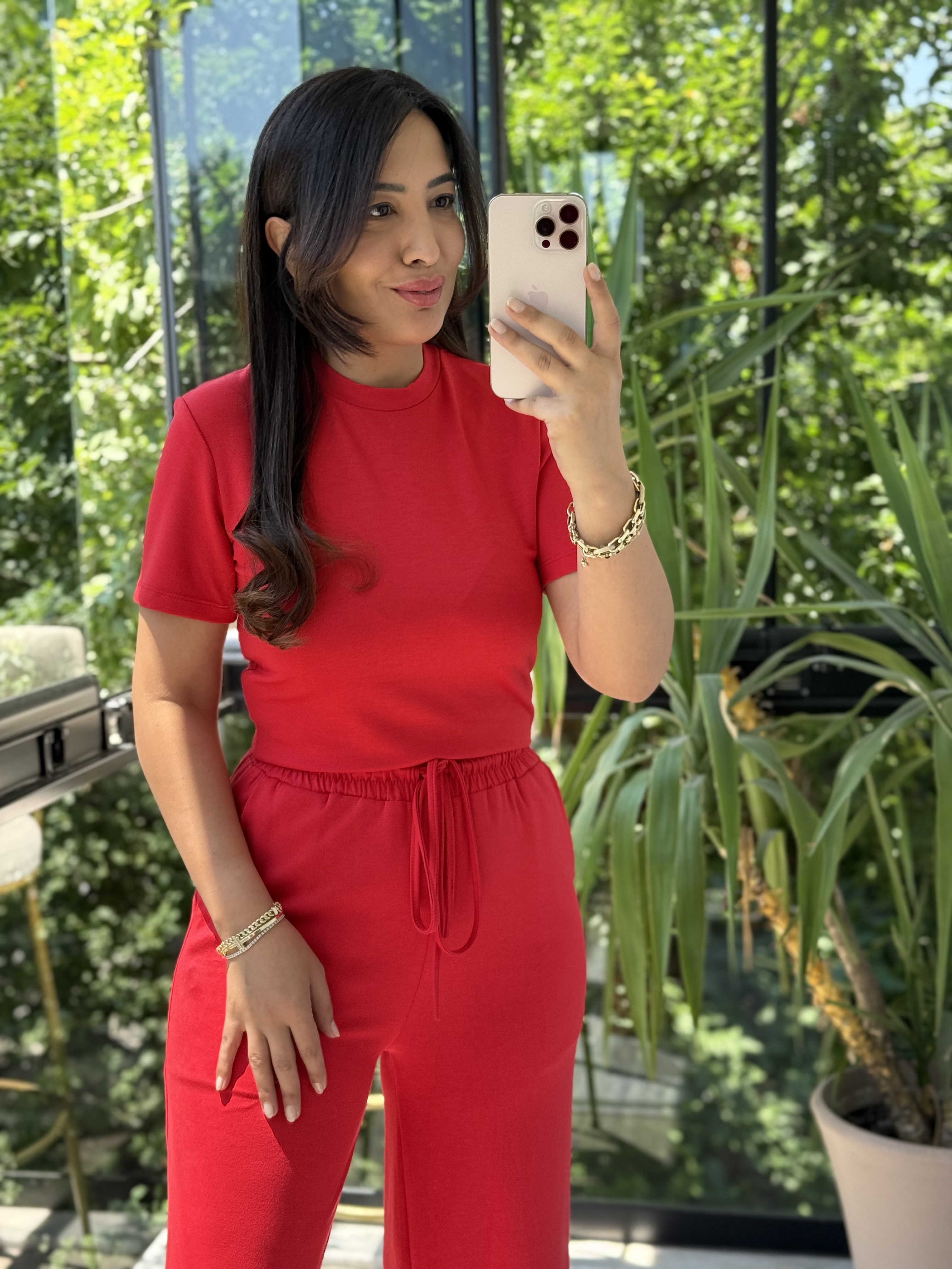 Bisiklet Yaka Crop Tişört Kırmızı
