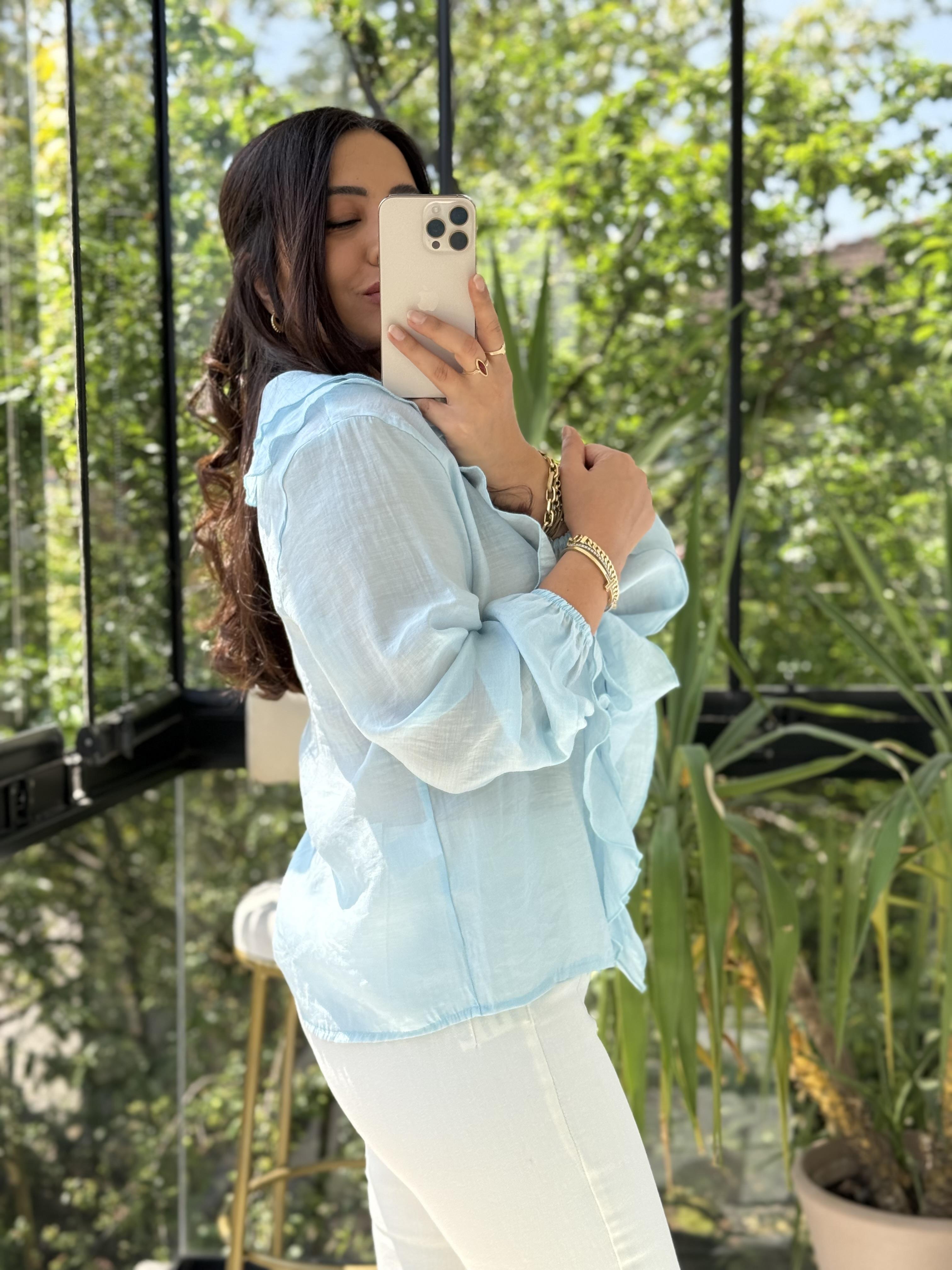 V Yaka Önü Fırfırlı Bluz Bebe Mavi