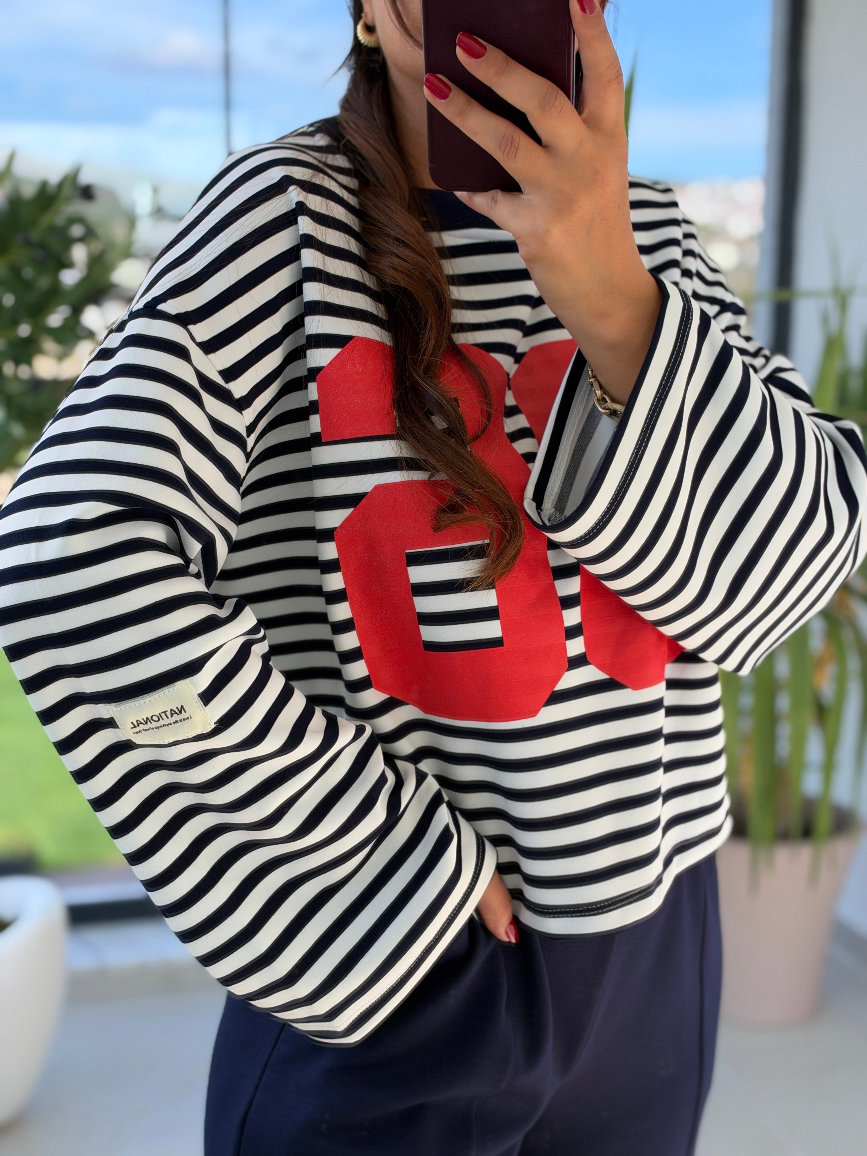 36 Baskılı Çizgili Basic Sweatshirt Lacivert