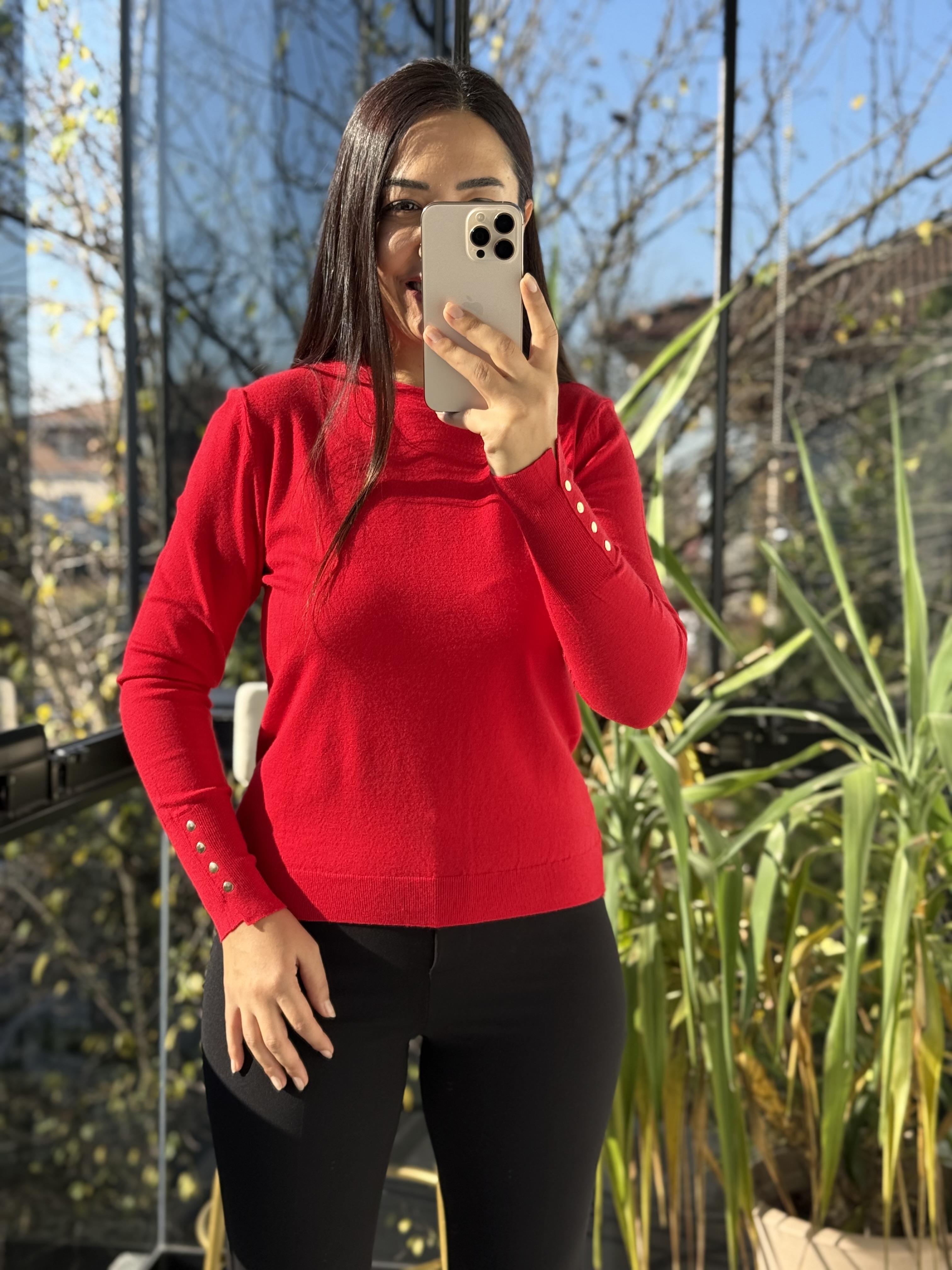 Kol Uçları Droplu Triko Kırmızı