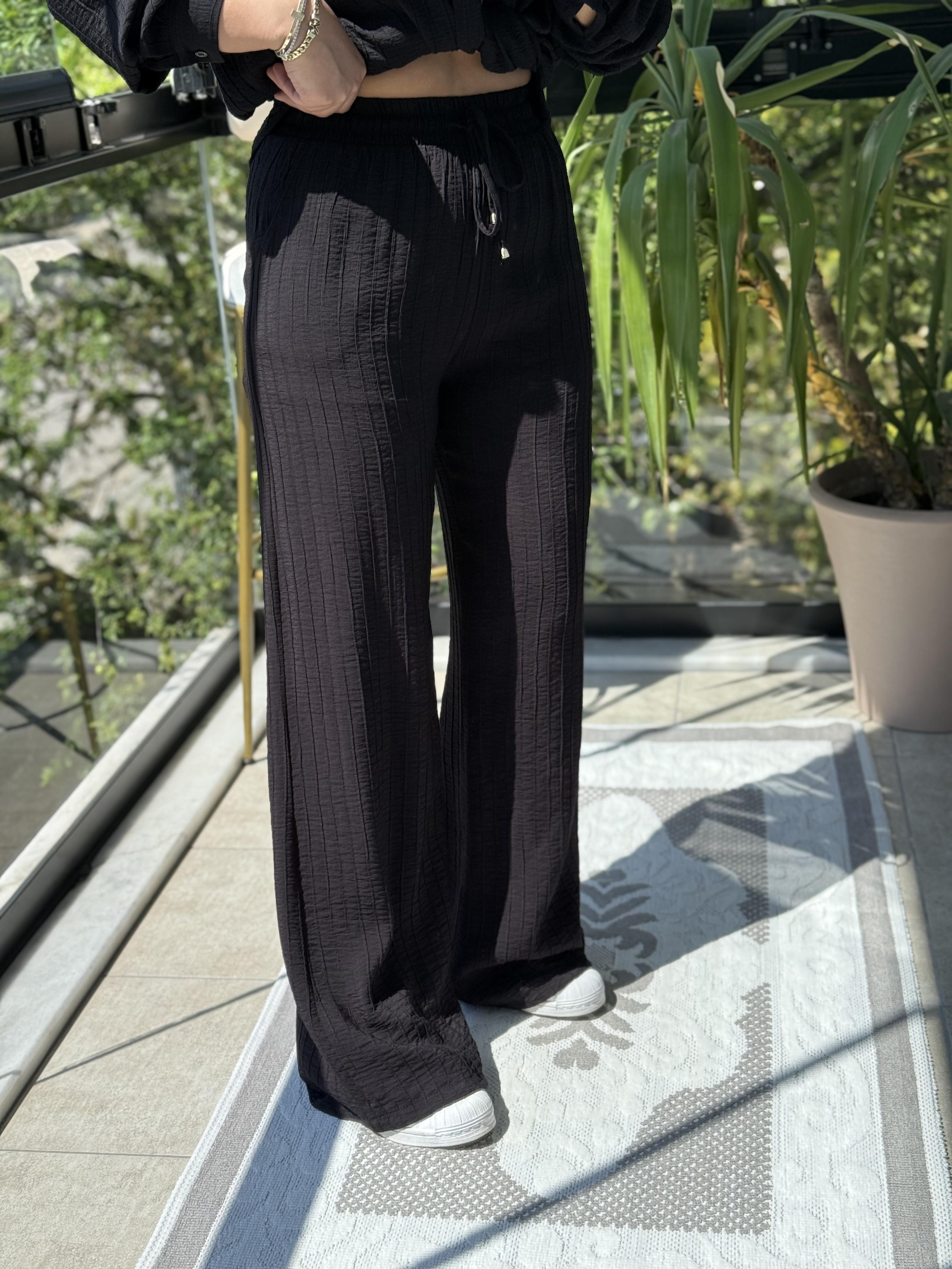 Dikiş Detaylı Palazzo Kumaş Pantolon Siyah