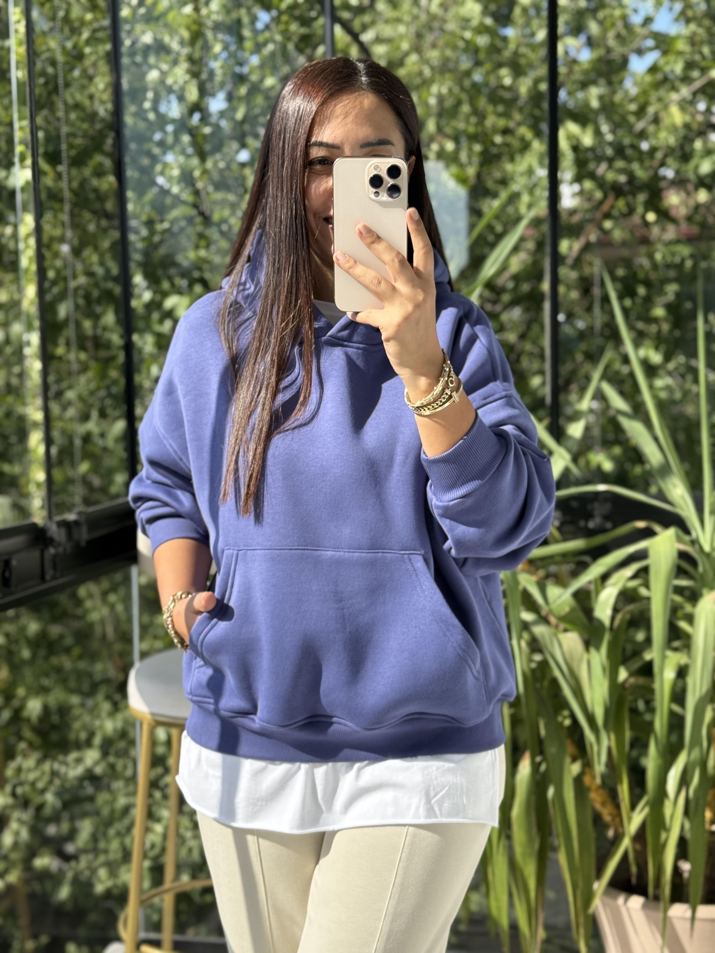Kanguru Cep Kapşonlu Sweatshirt Mavi