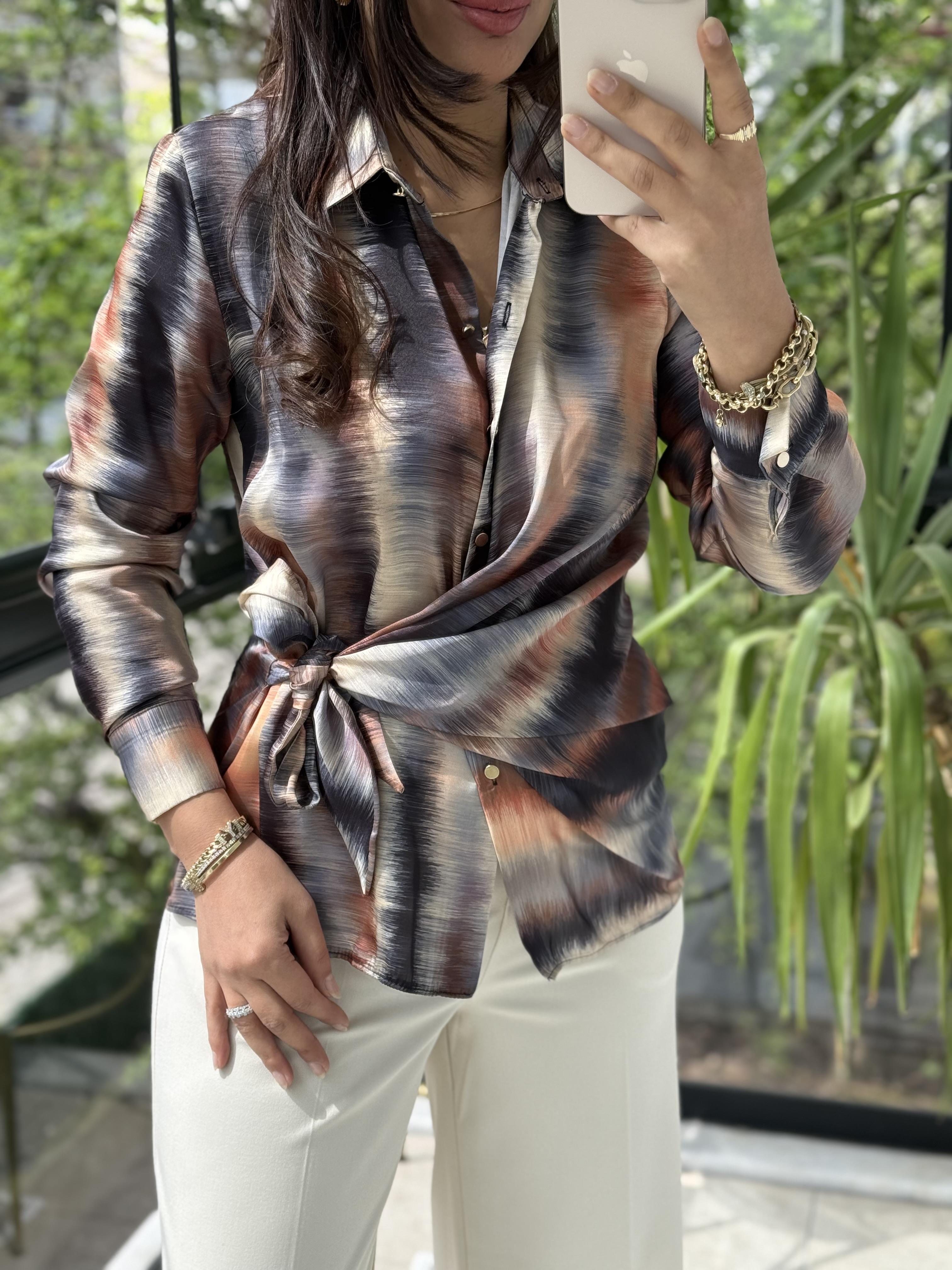 Yandan Bağlamalı Şifon Saten Gömlek Taba