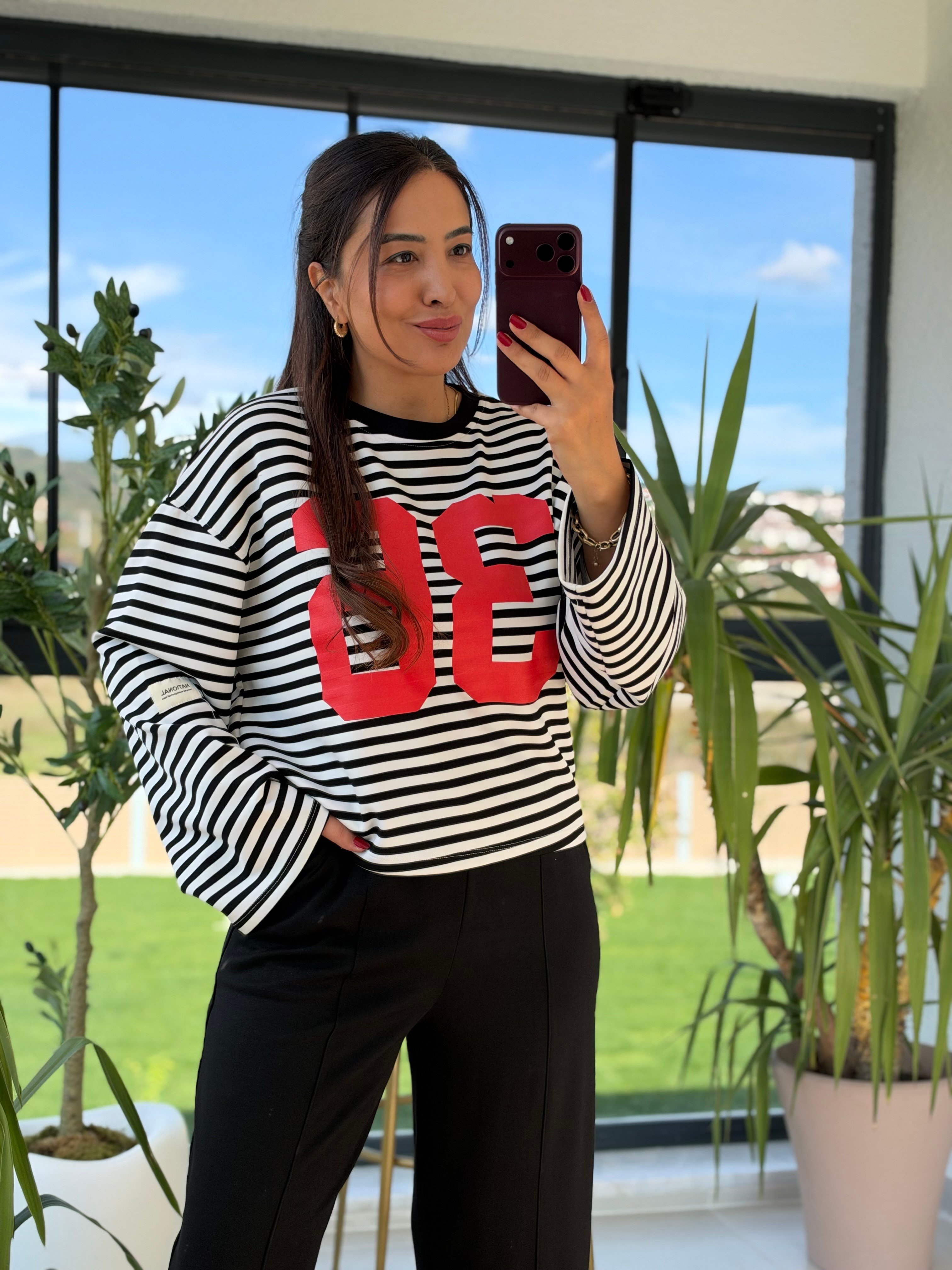 36 Baskılı Çizgili Basic Sweatshirt Siyah