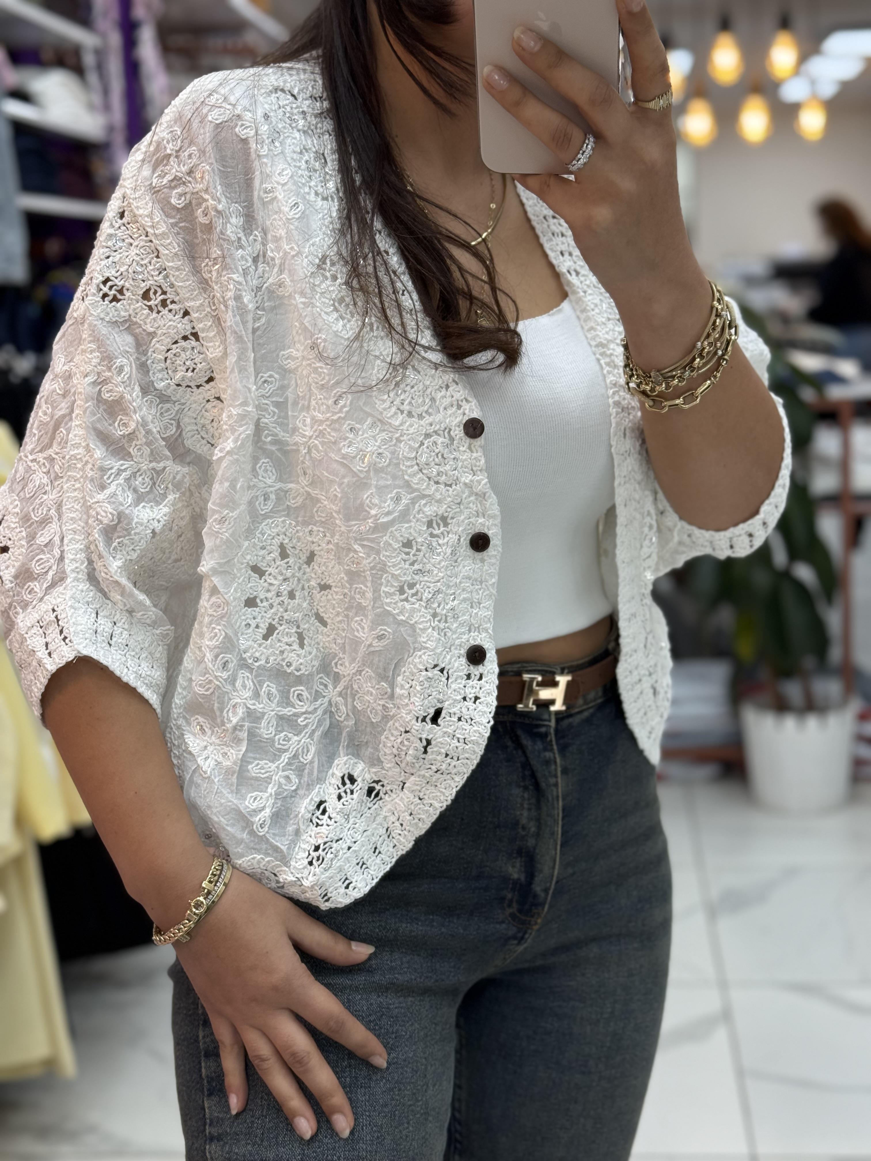 Payetli Çiçekli Kısa Kol Hırka Beyaz