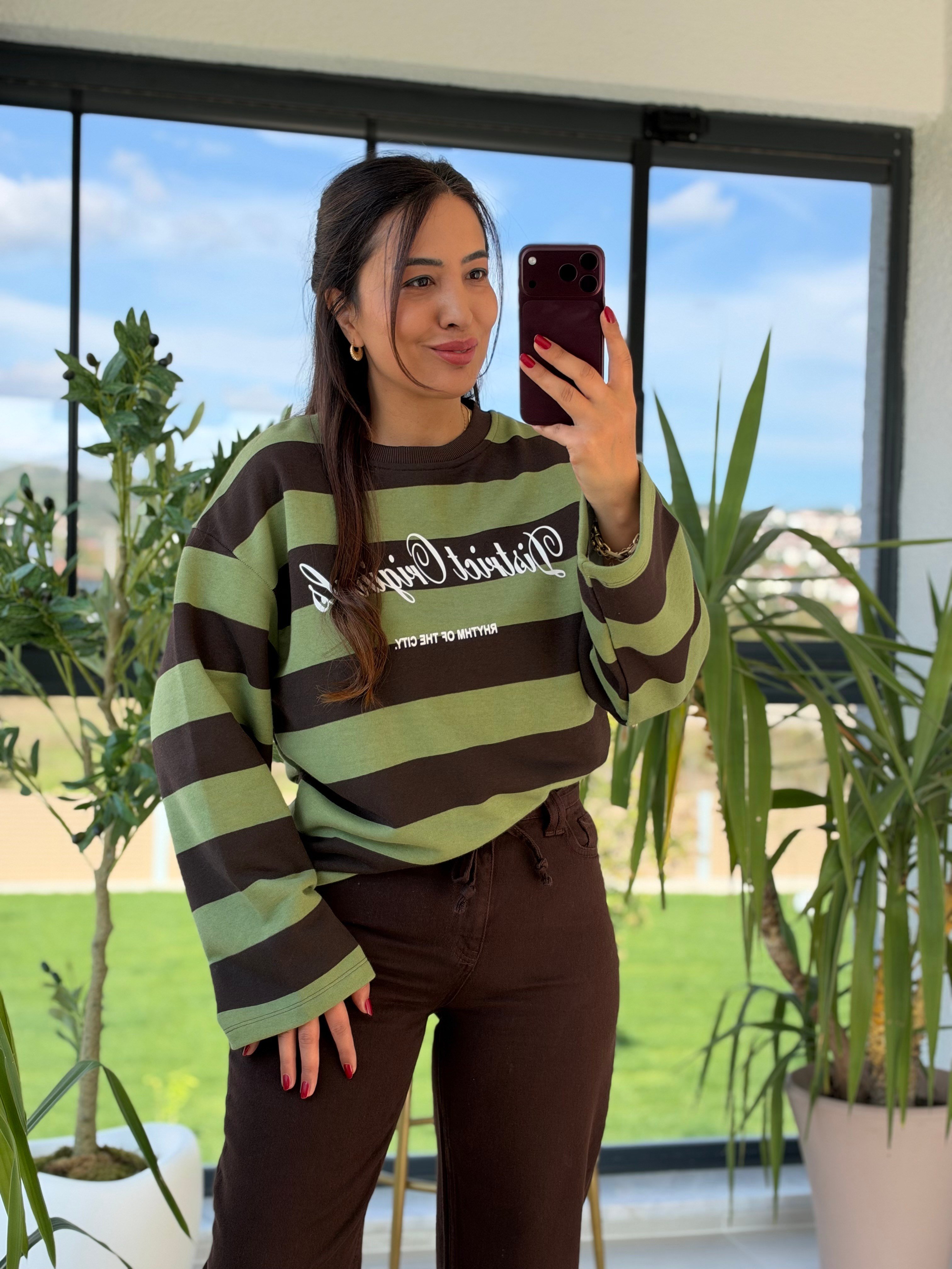 District Yazılı Çizgili Sweatshirtt Yeşil
