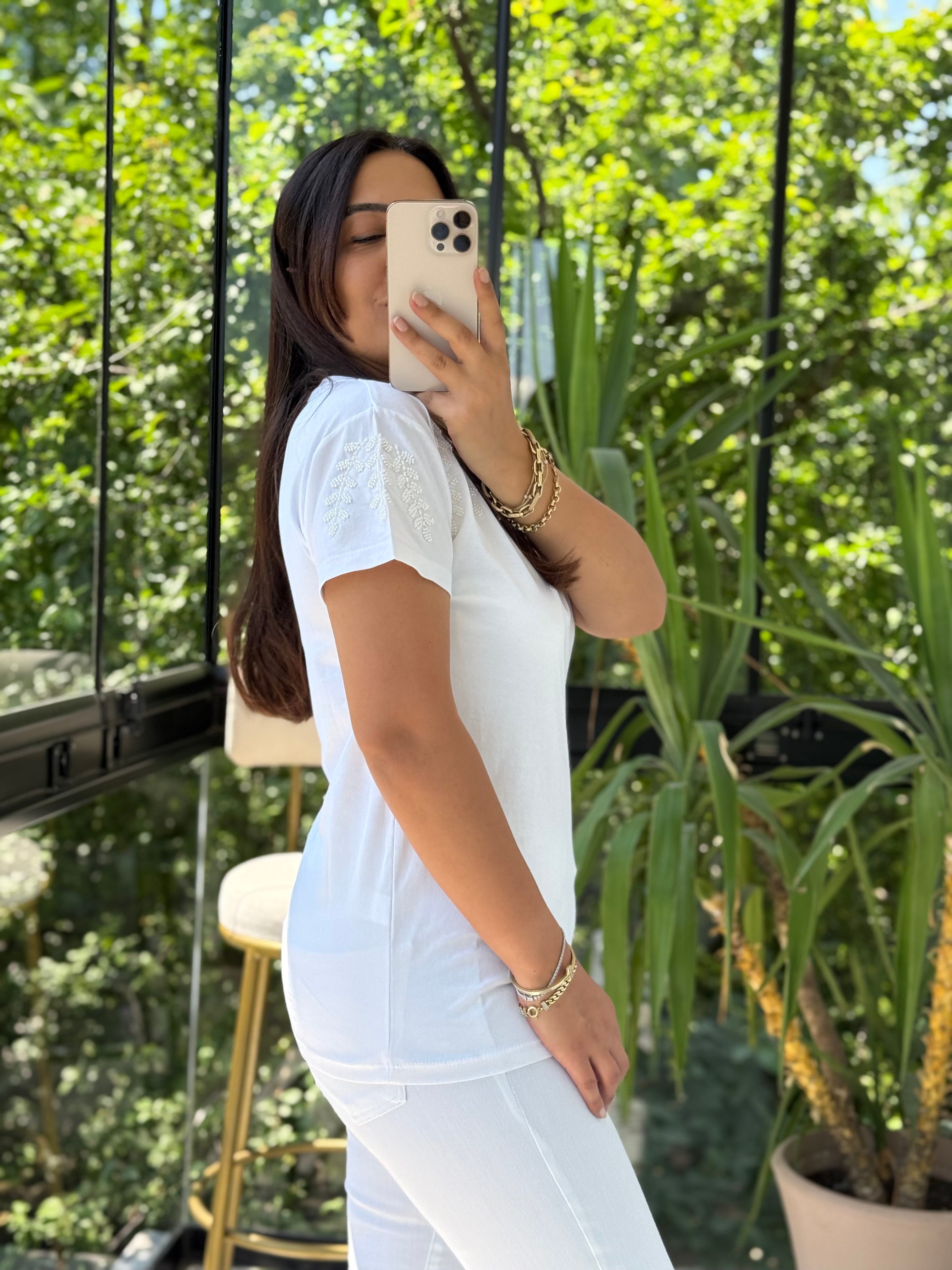 Flora Boncuk Detaylı Tişört Beyaz