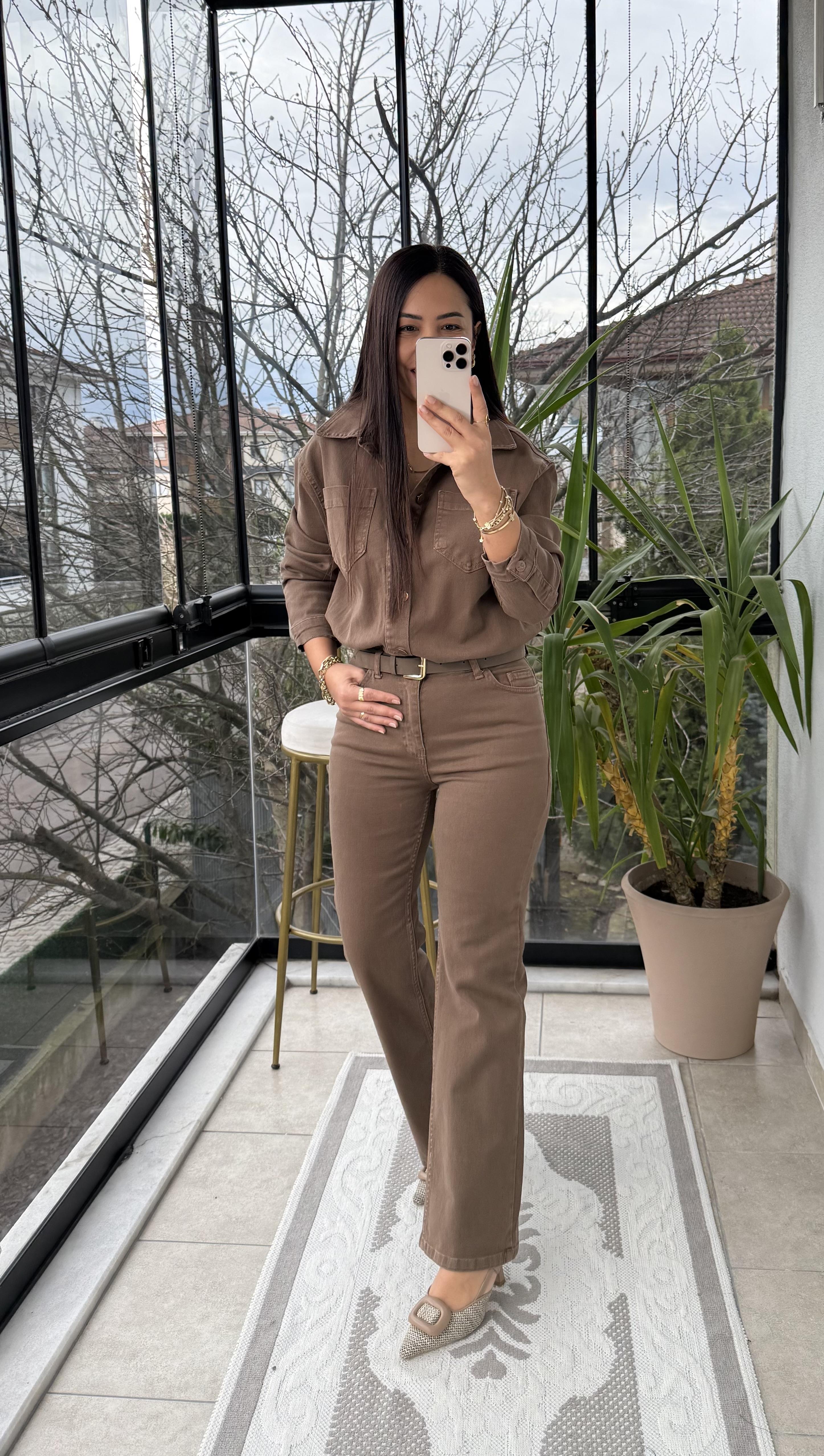 Beli Büzgülü Klasik Kot Tulum Vizon