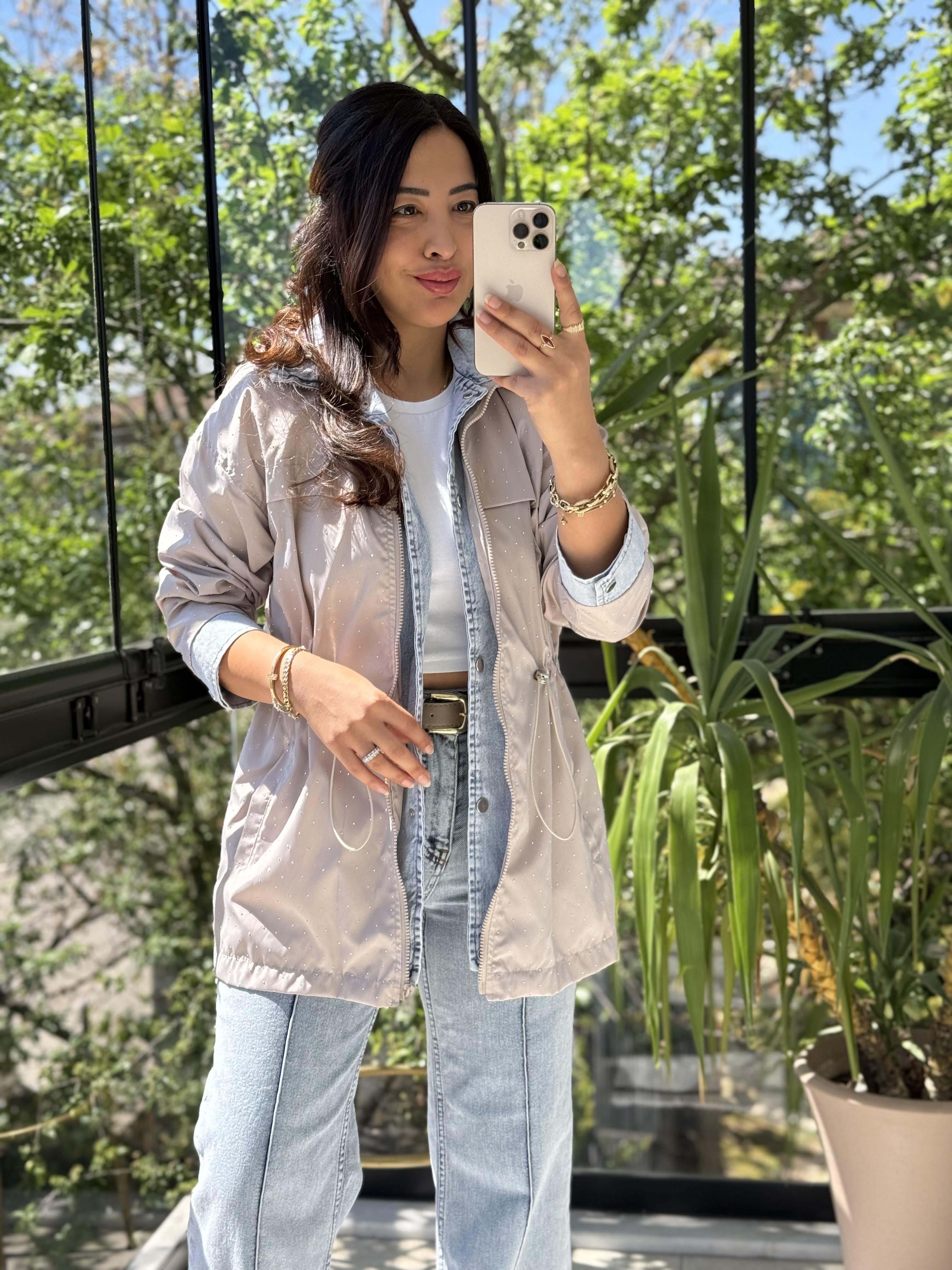 Glitiery Denim Mix Ceket Açık Bej