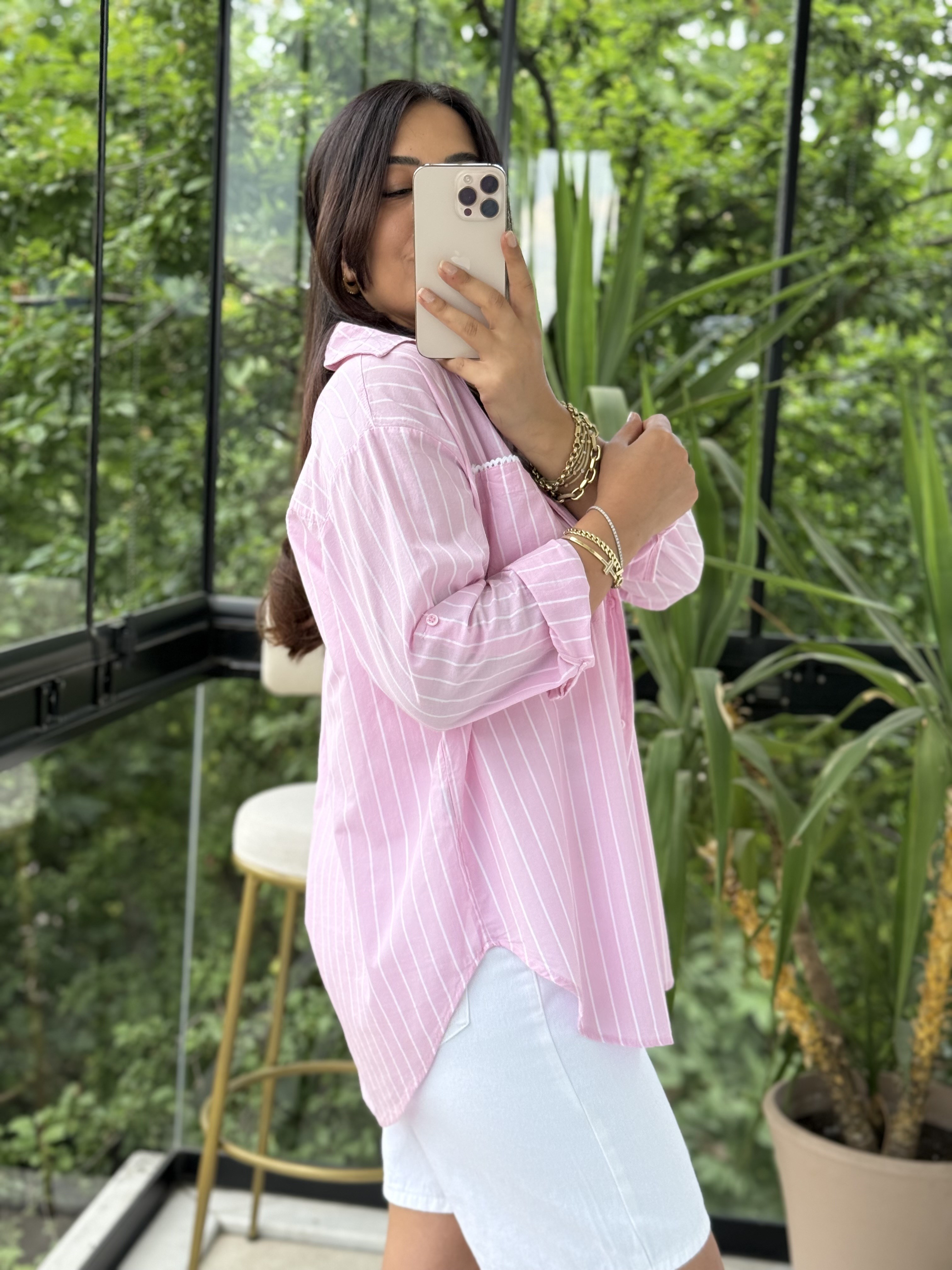 Motif Çizgili Cepli Gömlek Pembe