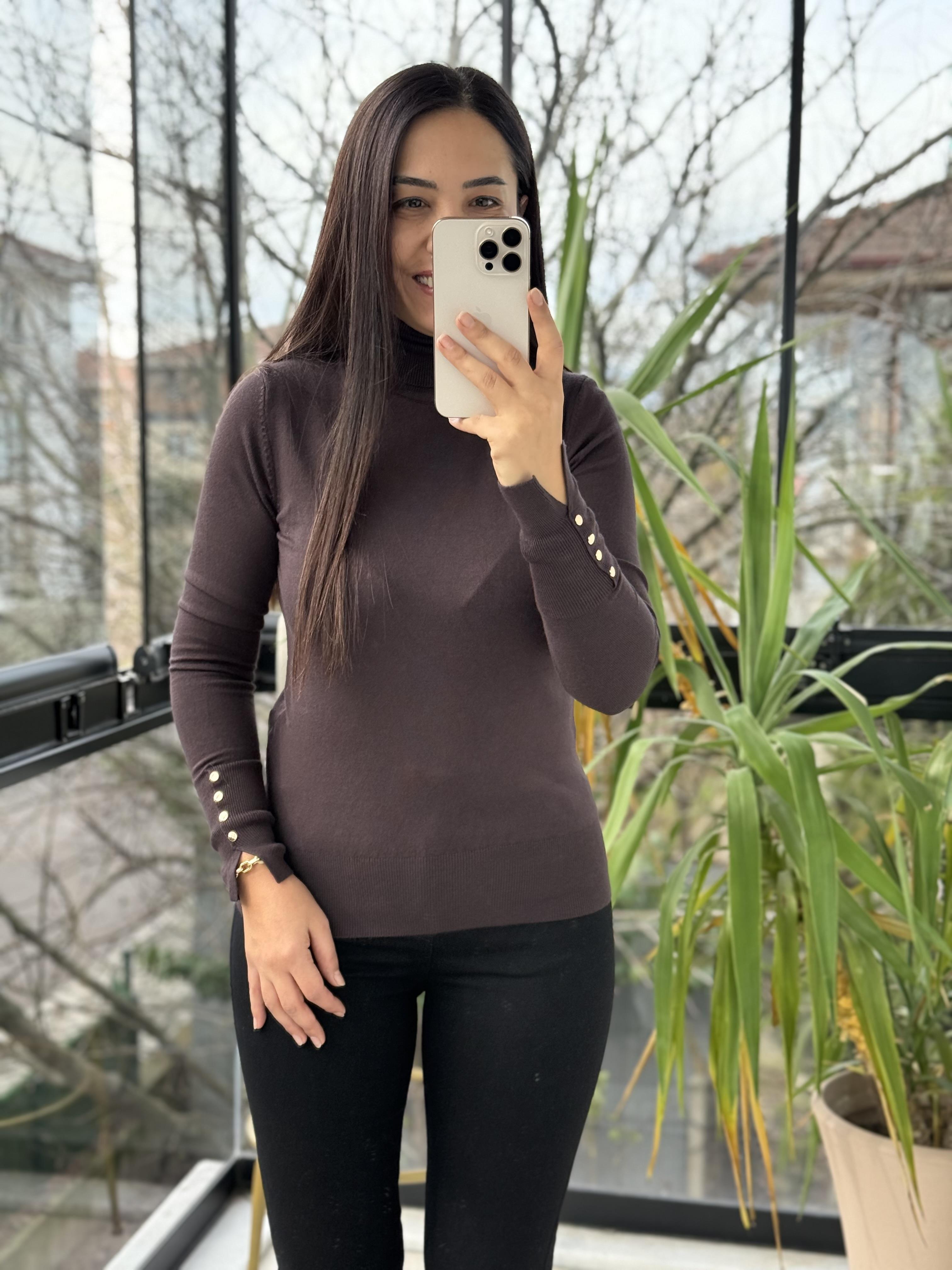 Dilvin Balıkçı Yaka Kol Ortası Droplu Triko Kahve