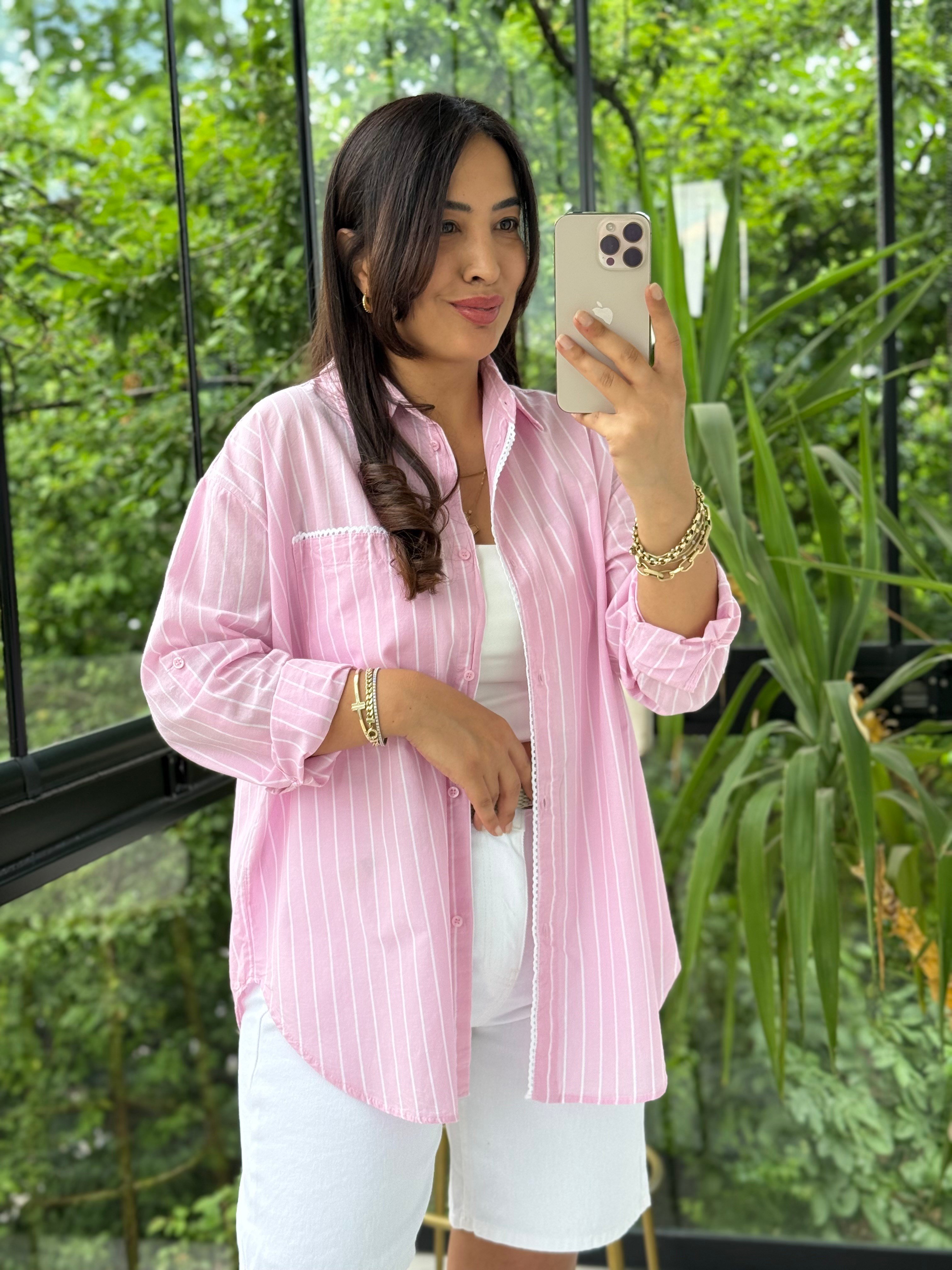 Motif Çizgili Cepli Gömlek Pembe