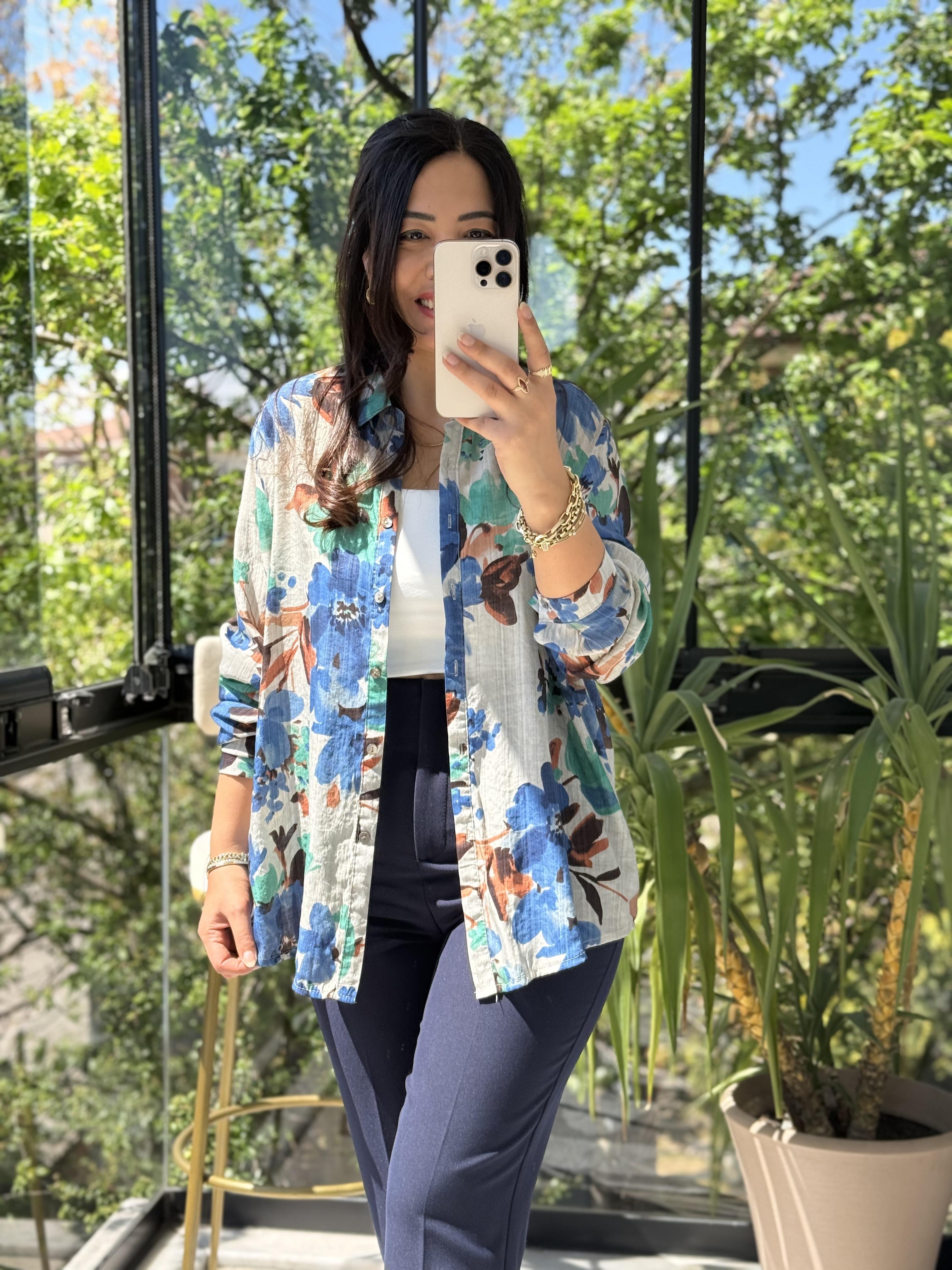 Renk Desenli Gömlek Turkuaz