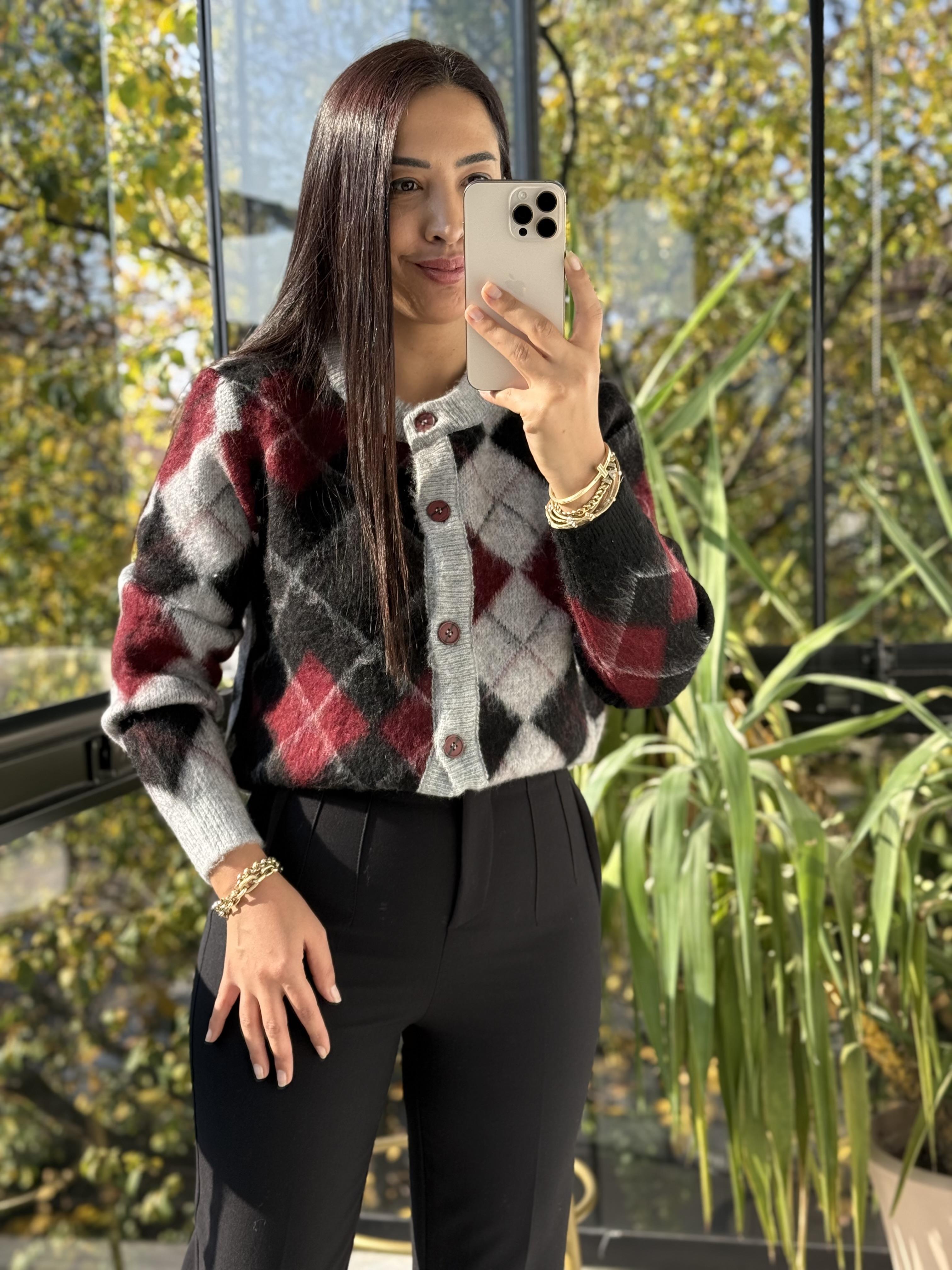 Kısa Baklava Desenli Hırka Bordo