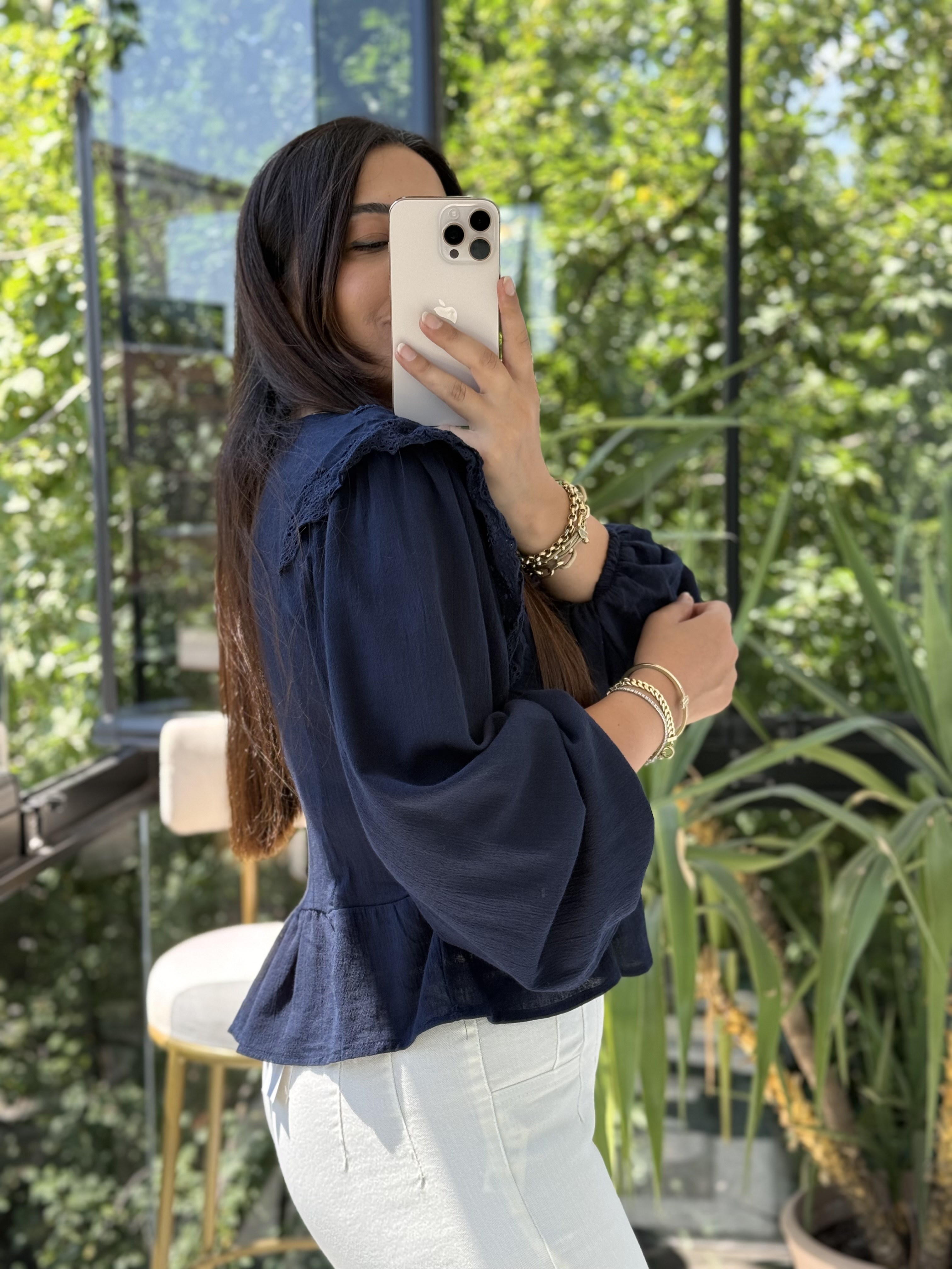 Keten Fırfırlı Bluz Lacivert 