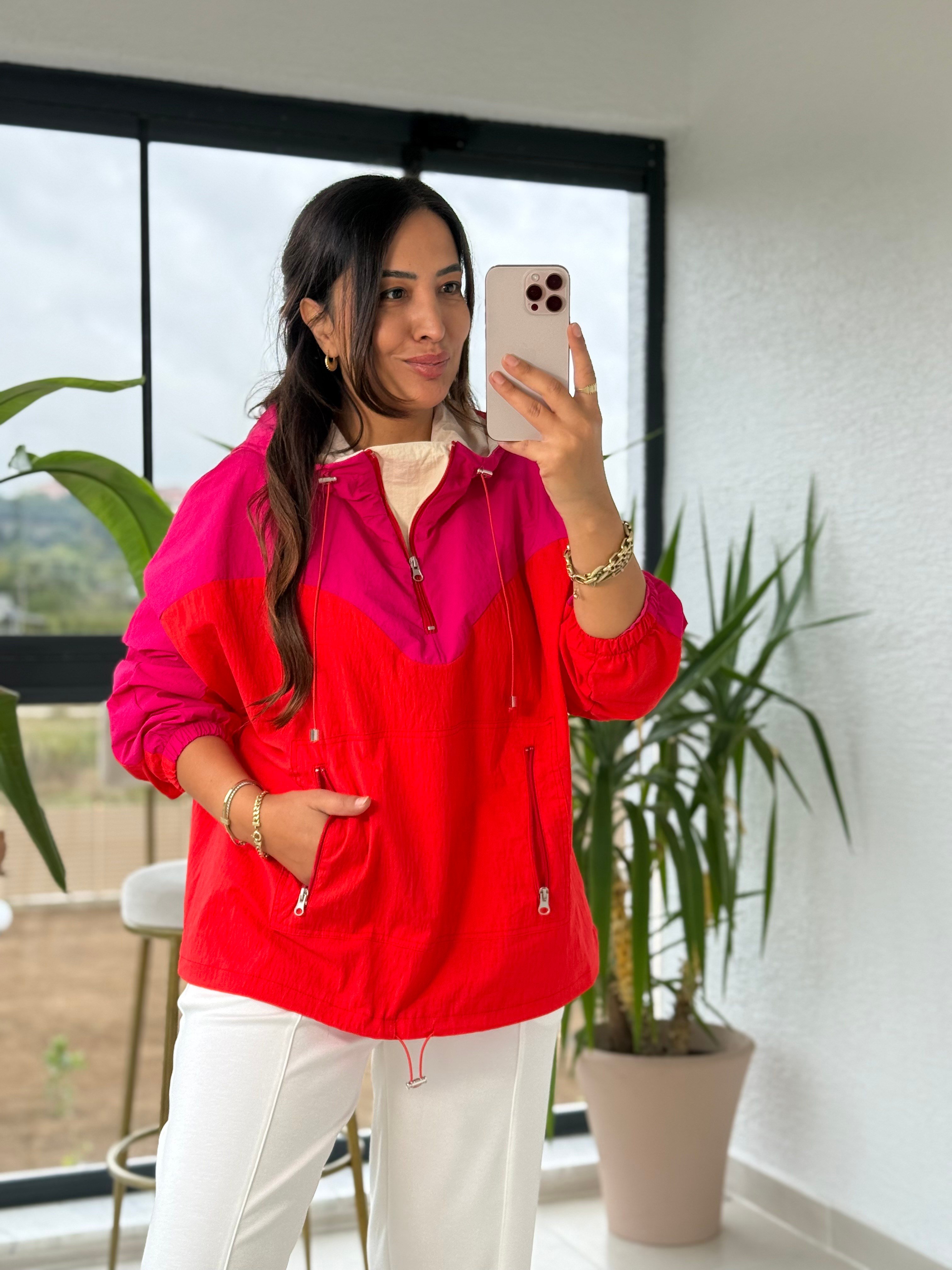 Renk Geçişli Fermuarlı Rüzgarlık Sweatshirt Pembe