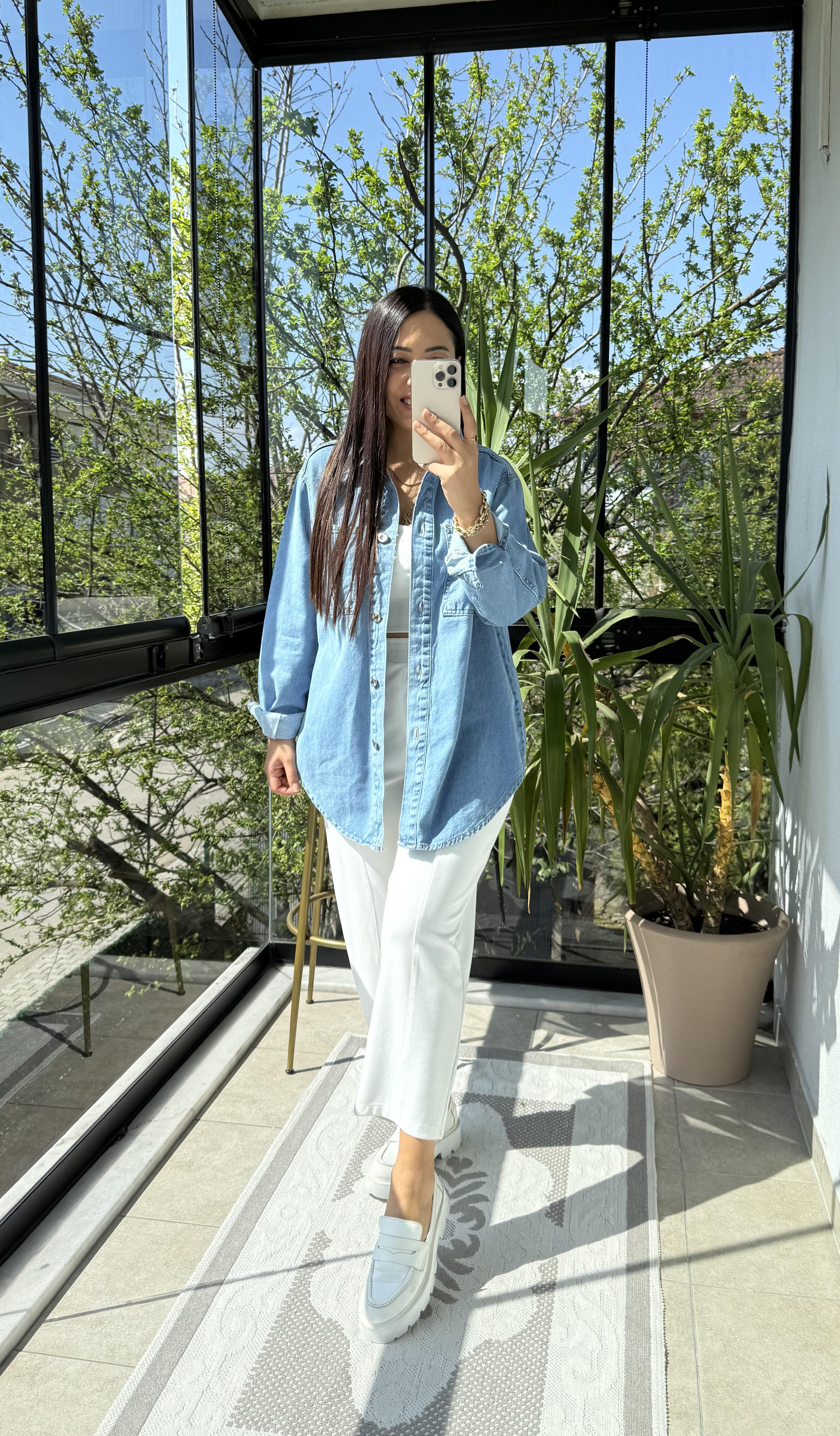 Düğmeli Oversize Gömlek Mavi