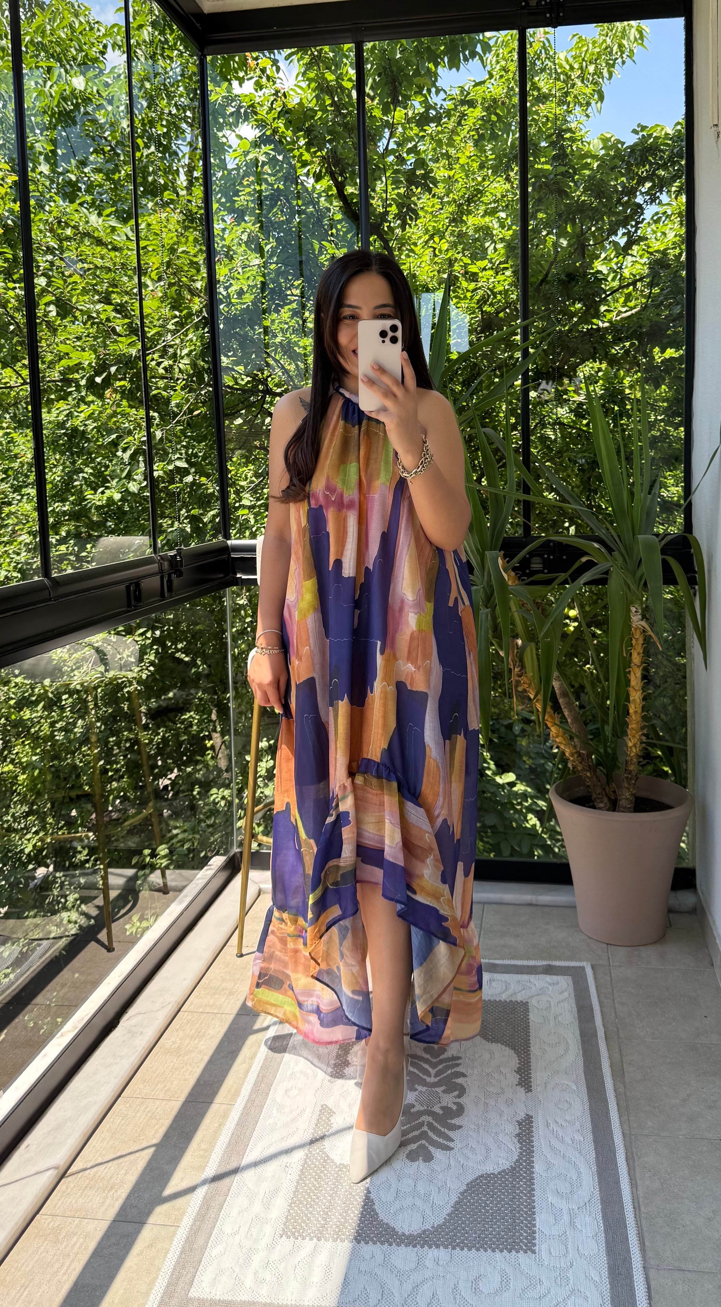 Halter Yaka Elbise Renkli
