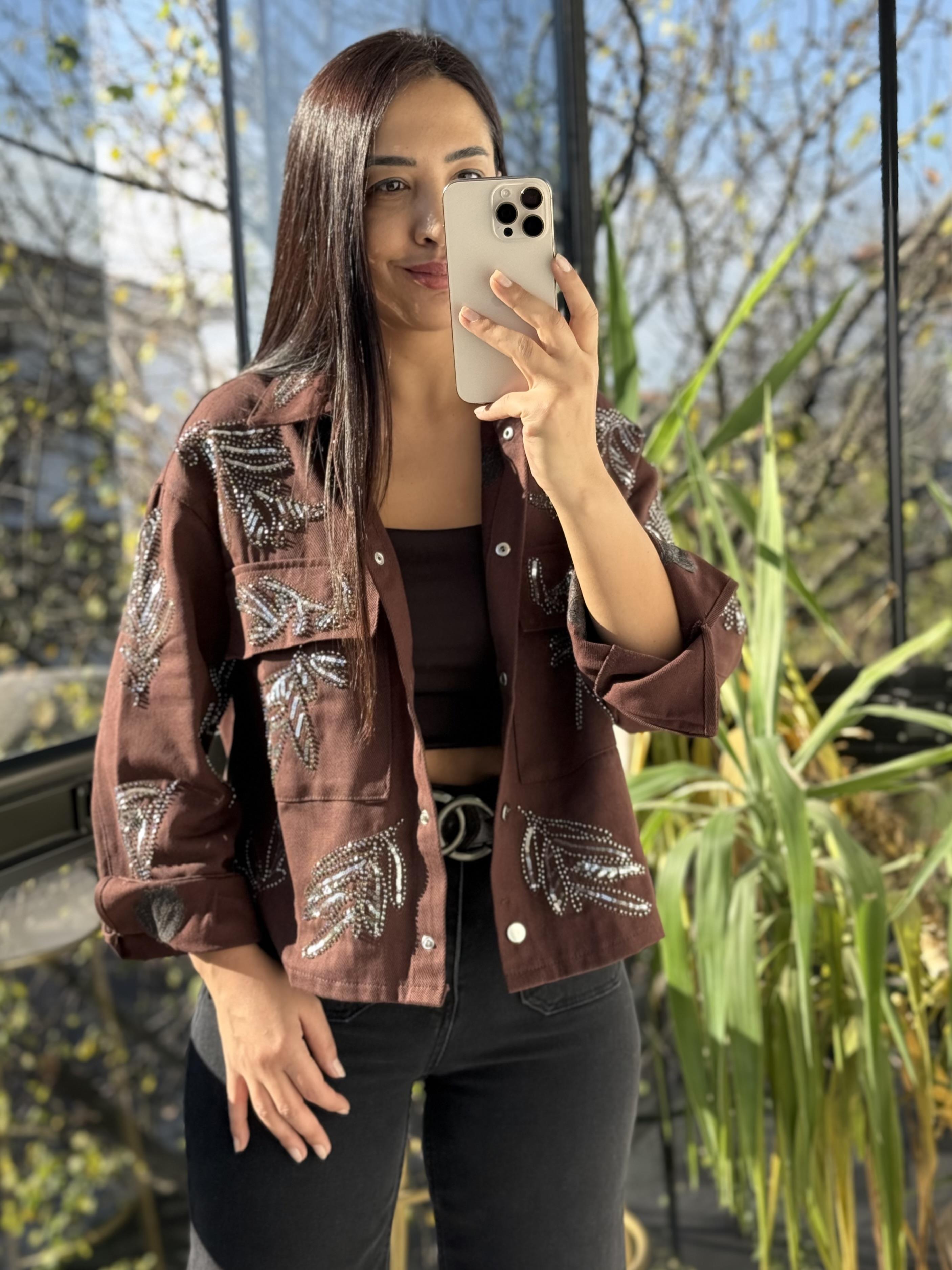 Payetli Boncuklu Kot Ceket Kahve