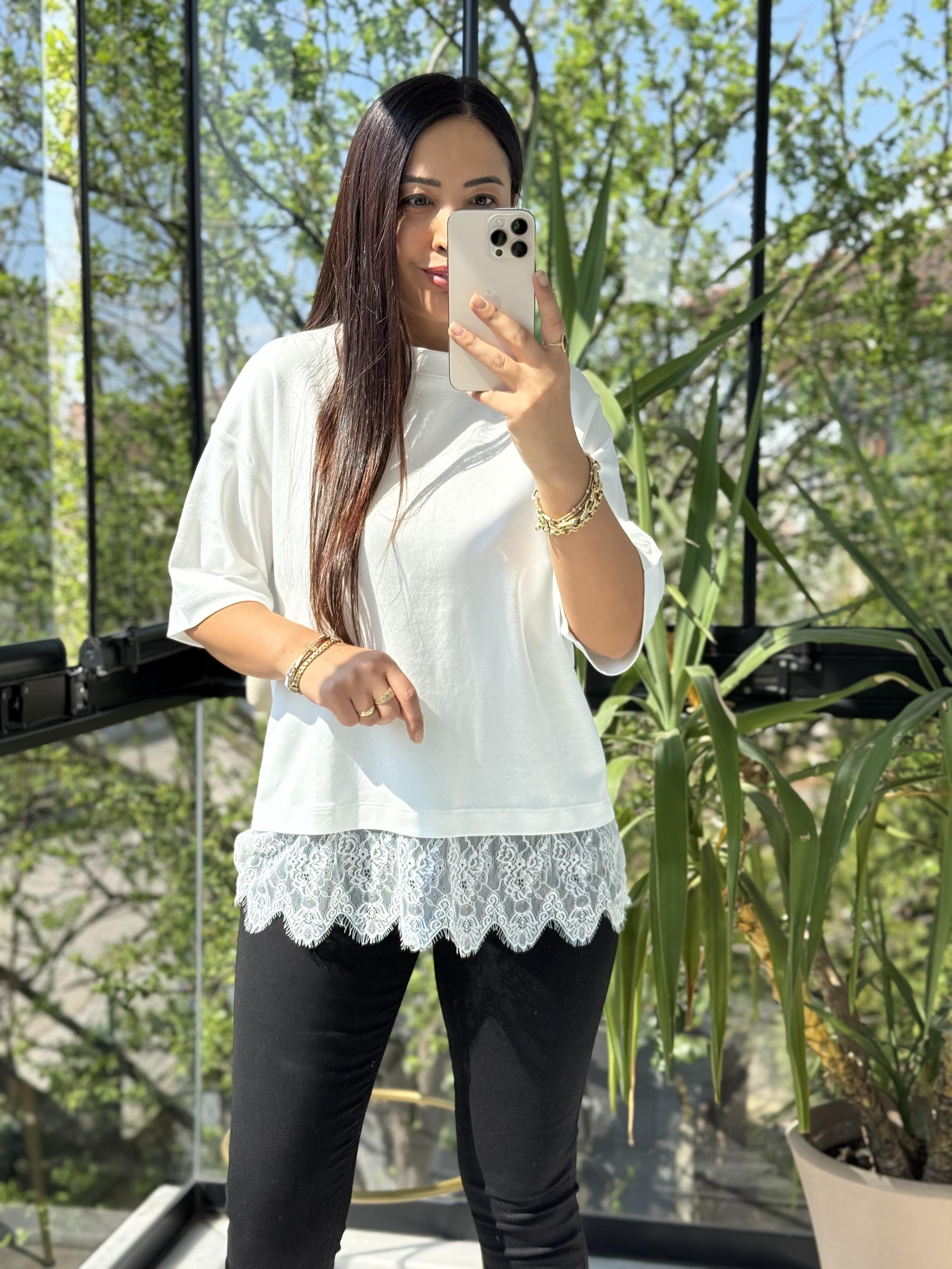 Altı Dantelli Pamuklu Tişört Beyaz