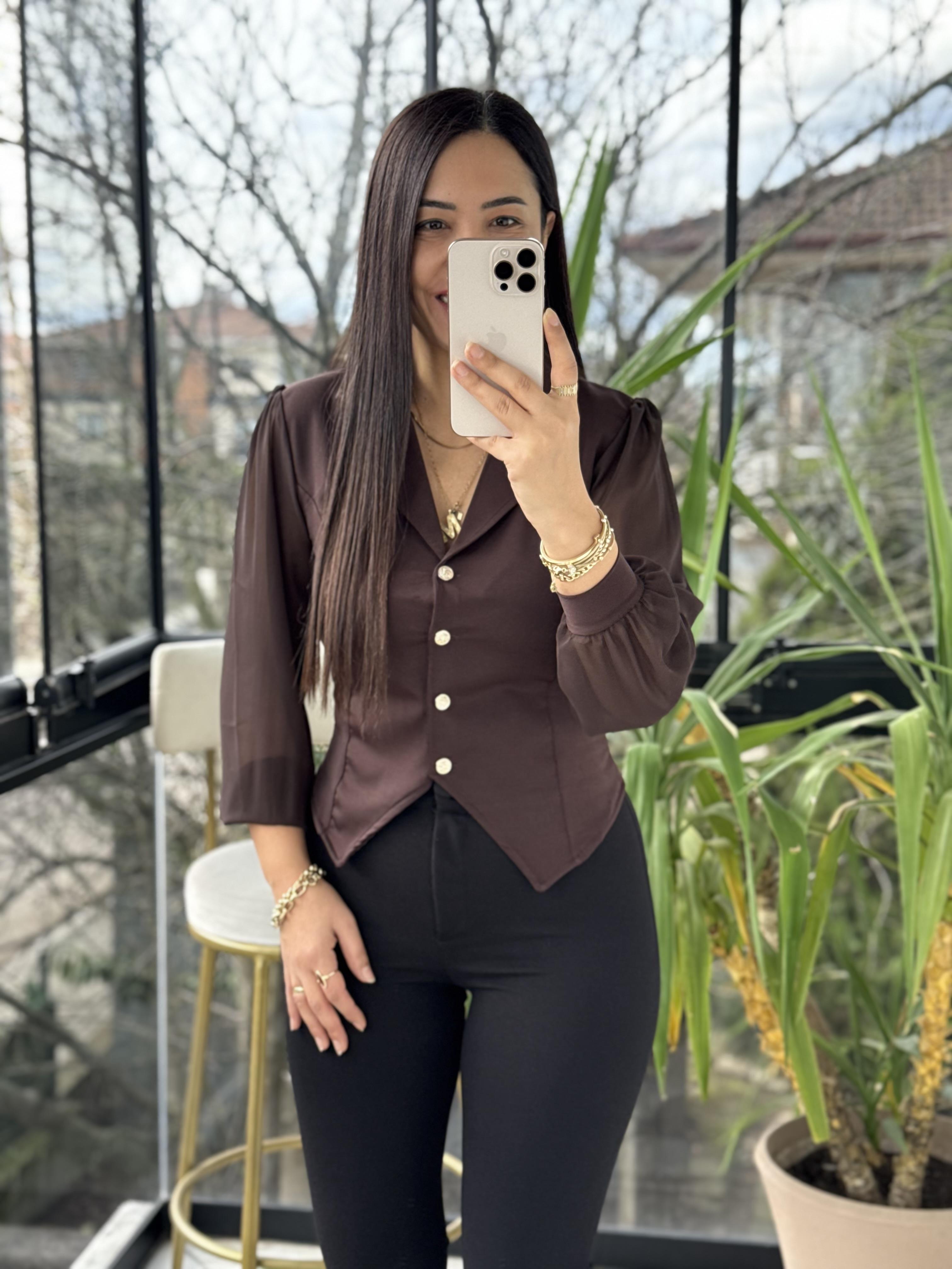 Kolları Tül Detaylı Bluz Kahve