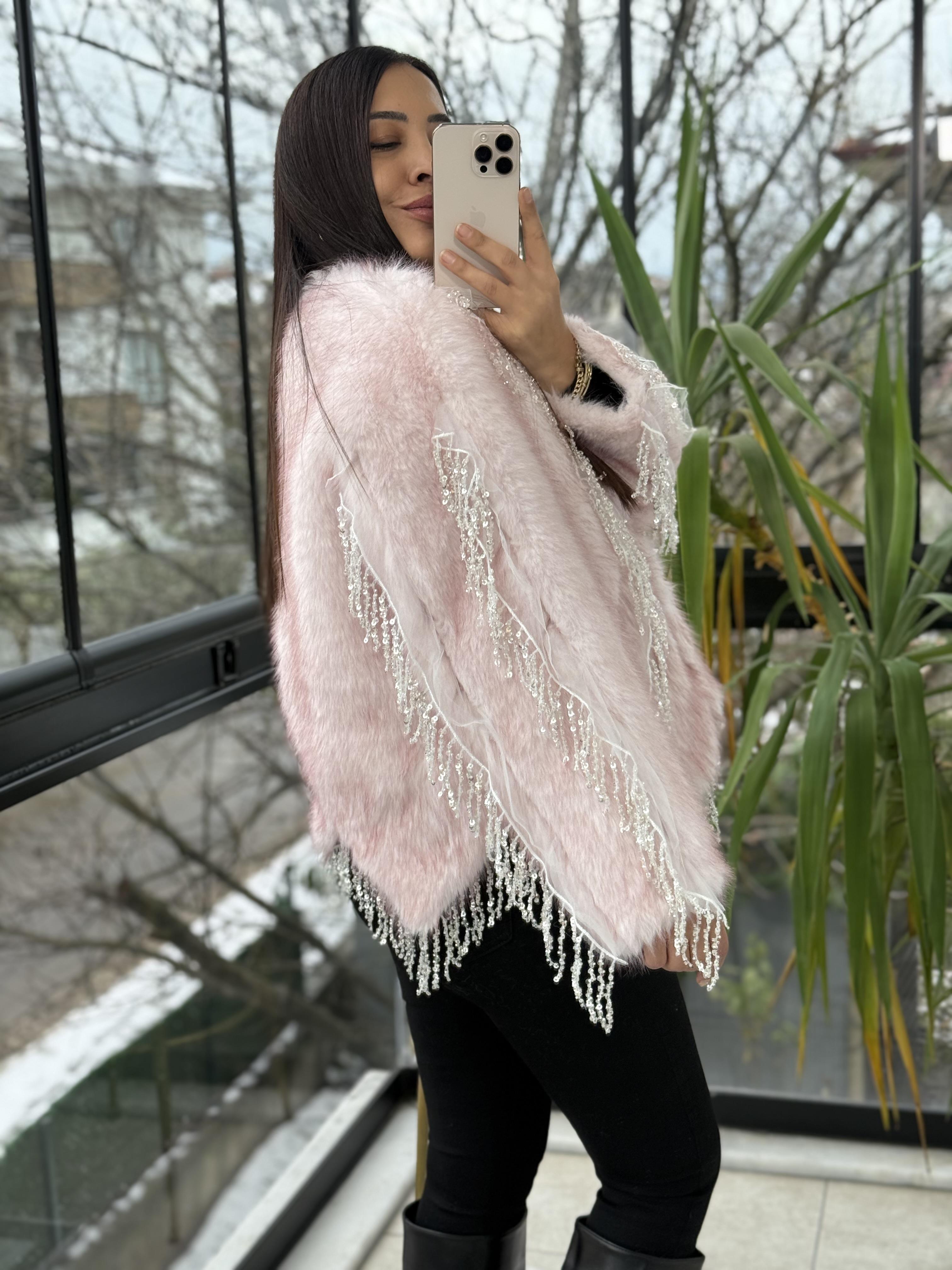 İthal Sallantılı Payetli Kürklü Ceket Pembe
