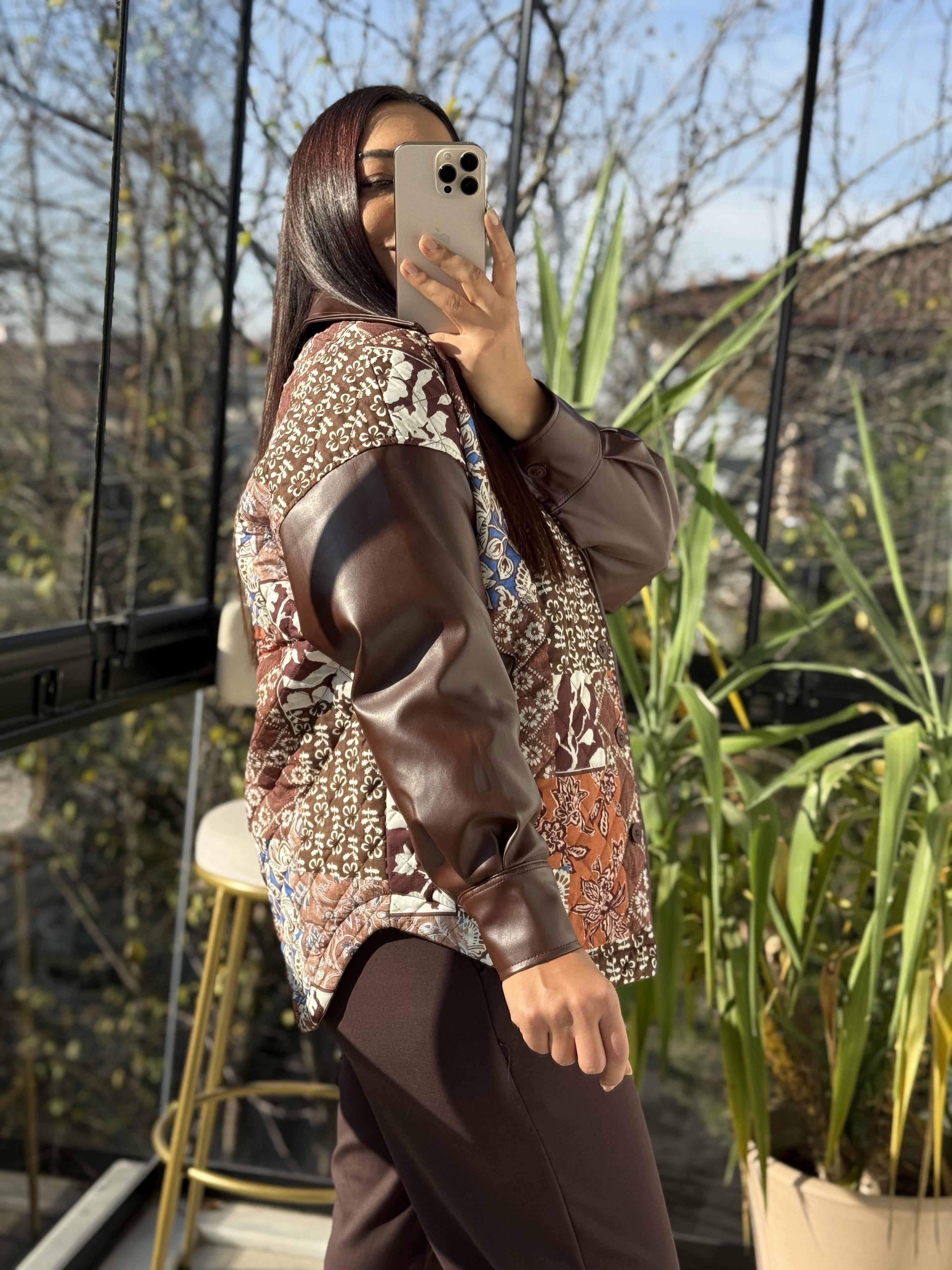 Deri Garnili Kapitone Ceket Kahve