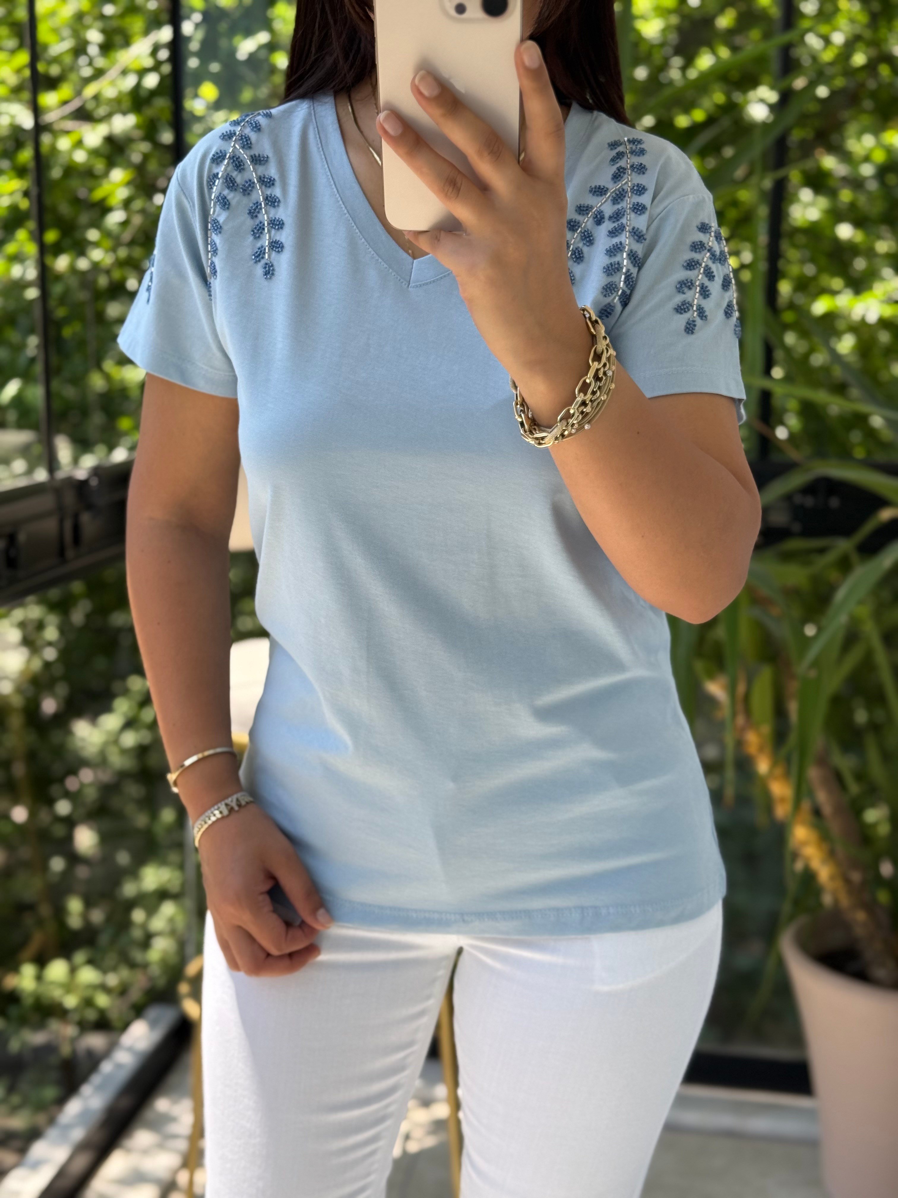 Flora Boncuk Detaylı Tişört Bebe Mavi