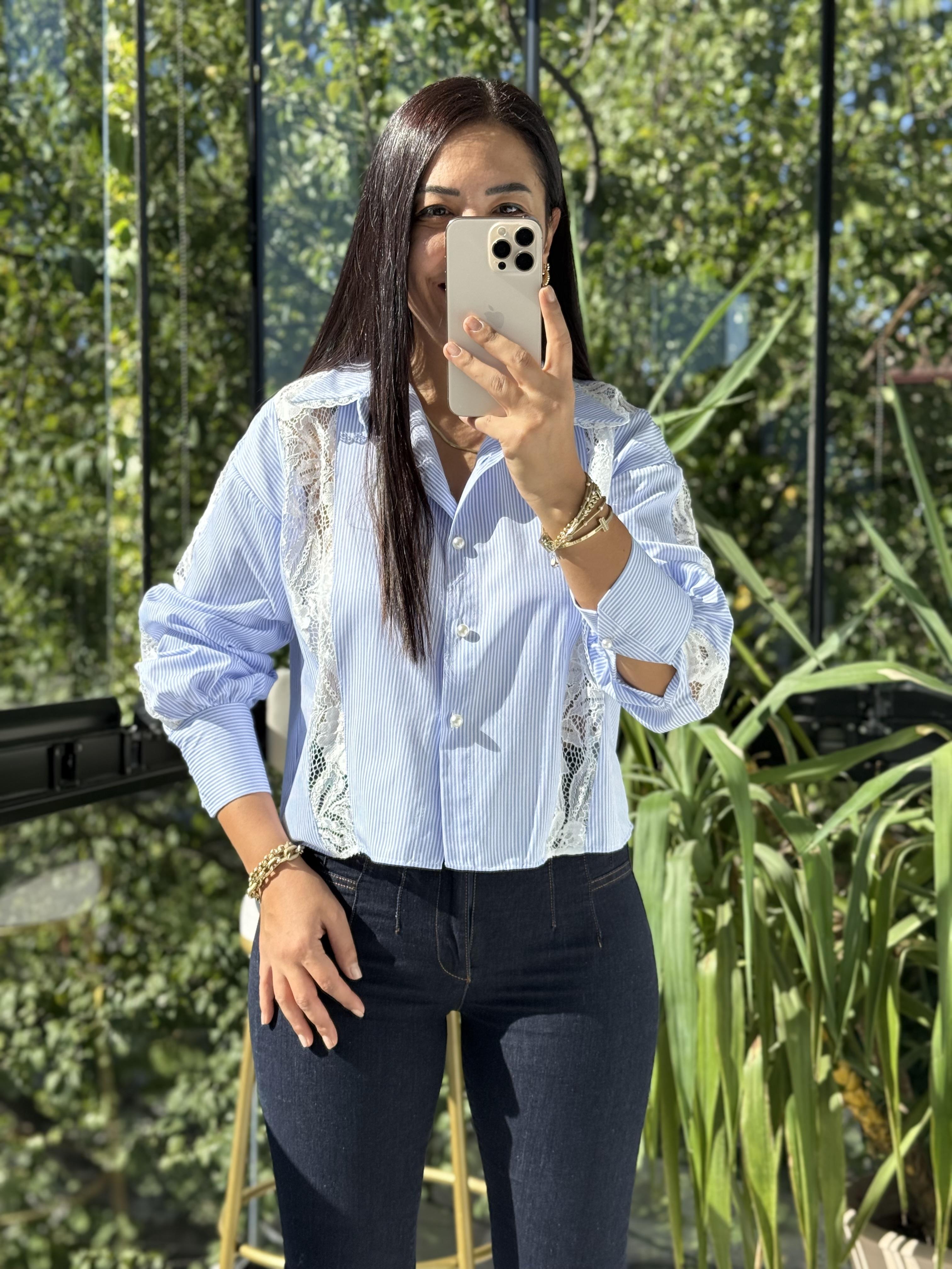 Güpür Mix İnci Düğmeli Gömlek Mavi