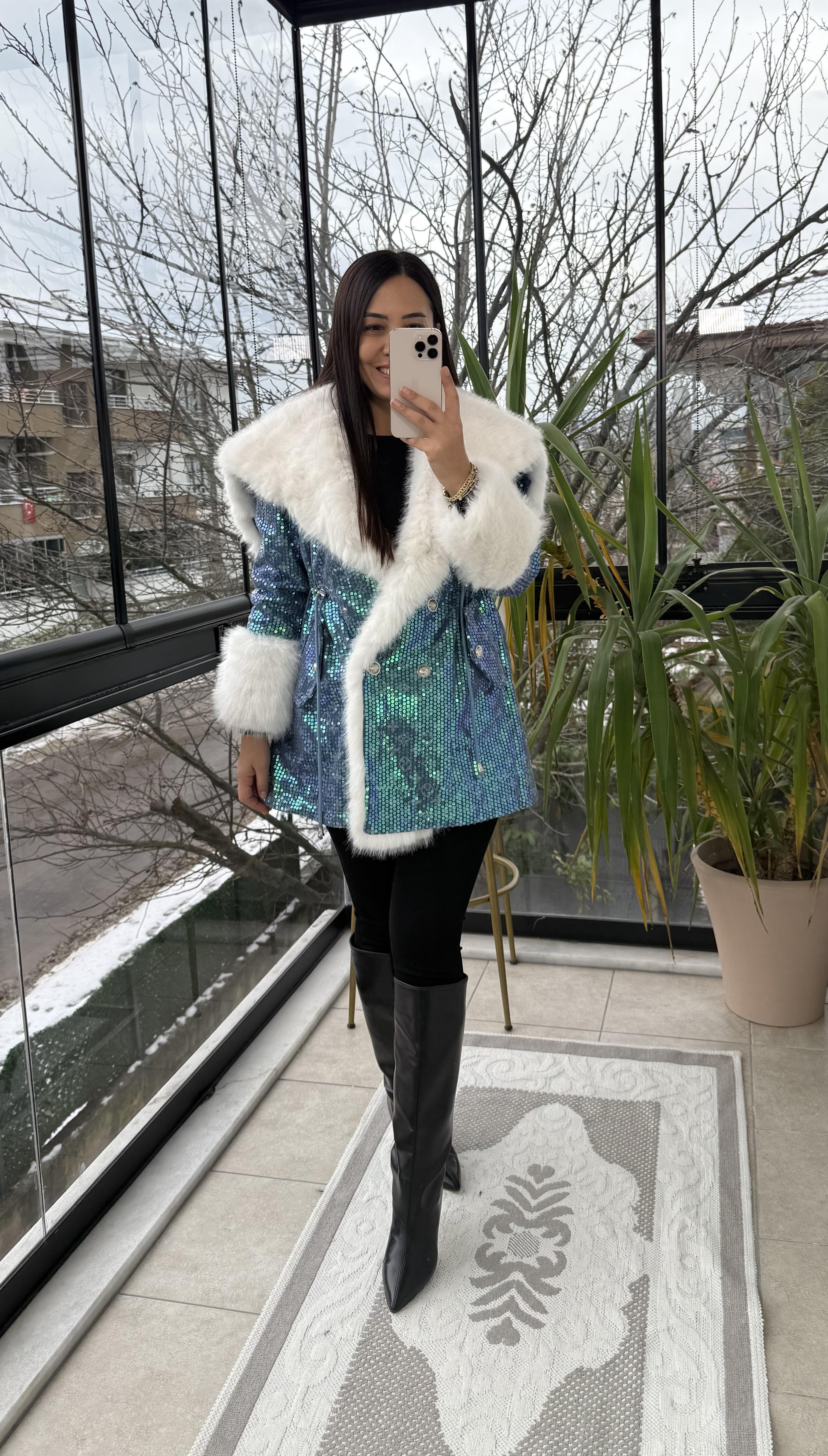 İthal Full payetli Kürk Mavi